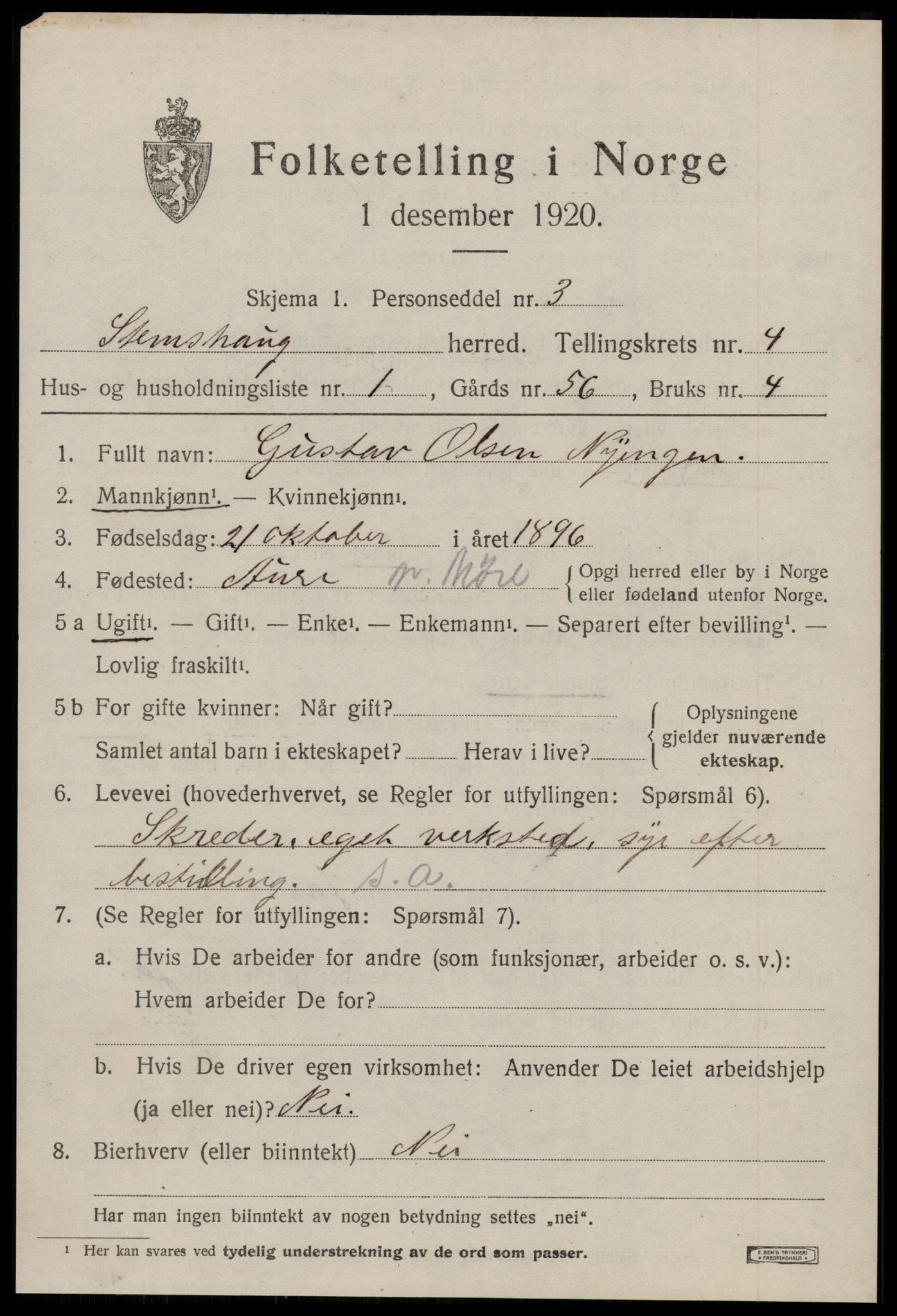 SAT, 1920 census for Stemshaug, 1920, p. 1592