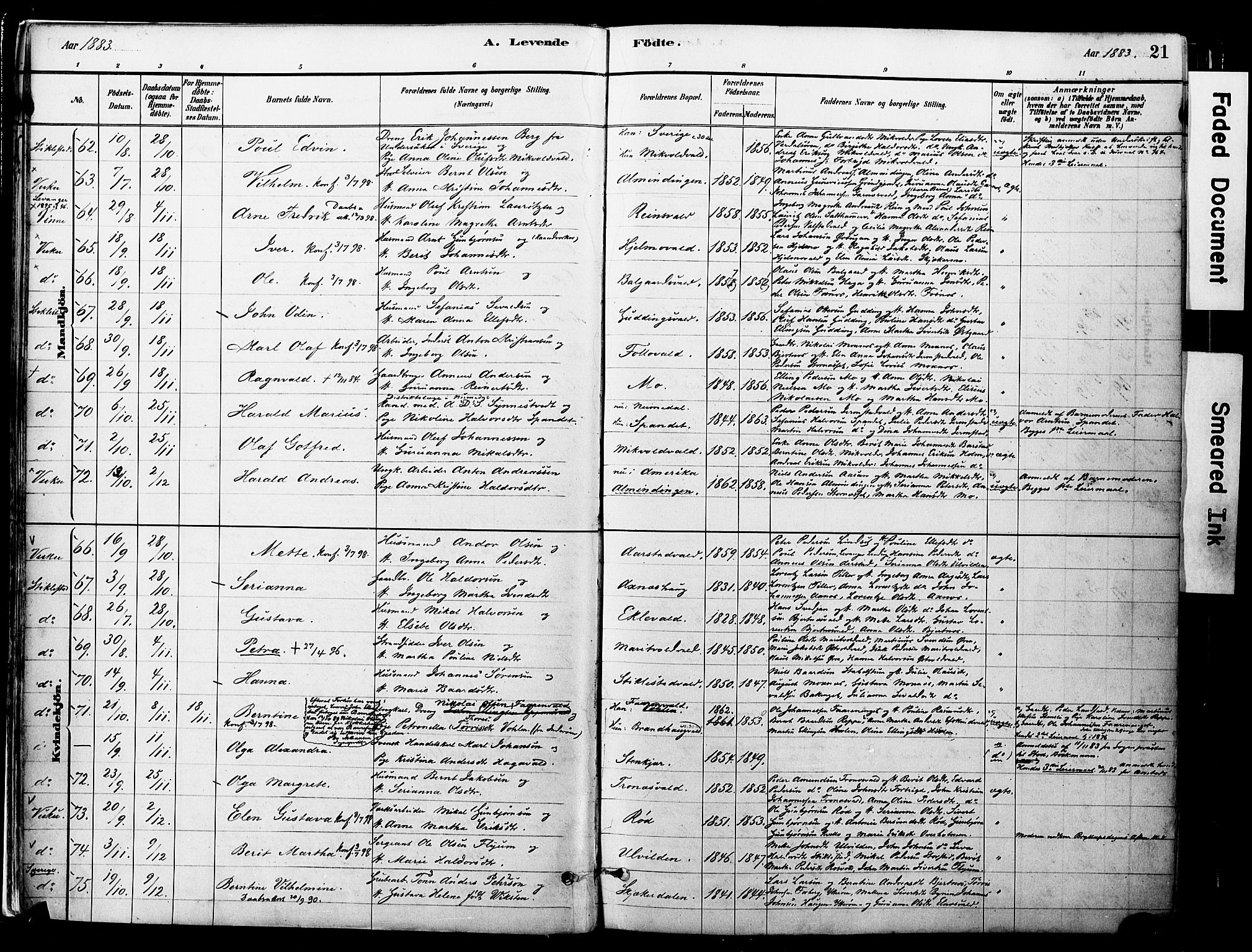 Ministerialprotokoller, klokkerbøker og fødselsregistre - Nord-Trøndelag, SAT/A-1458/723/L0244: Parish register (official) no. 723A13, 1881-1899, p. 21