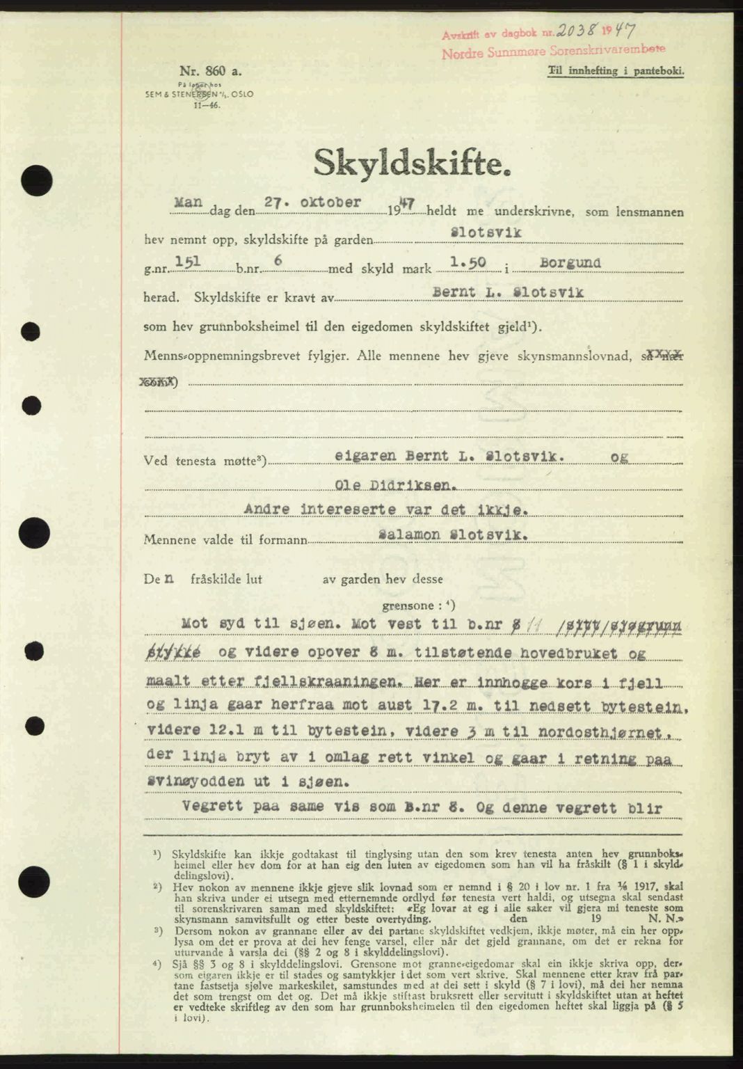 Nordre Sunnmøre sorenskriveri, AV/SAT-A-0006/1/2/2C/2Ca: Mortgage book no. A26, 1947-1948, Diary no: : 2038/1947