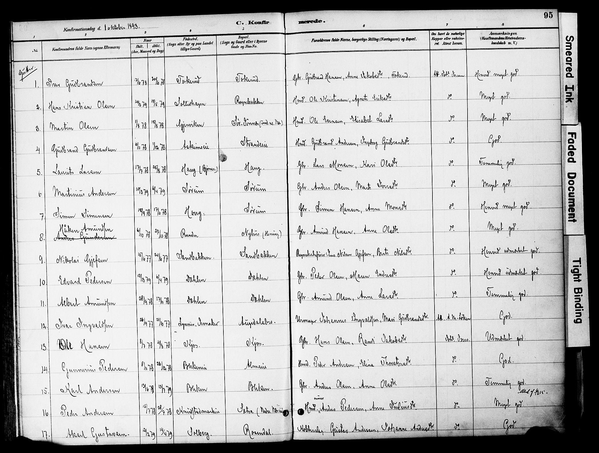 Gran prestekontor, SAH/PREST-112/H/Ha/Haa/L0020: Parish register (official) no. 20, 1889-1899, p. 95