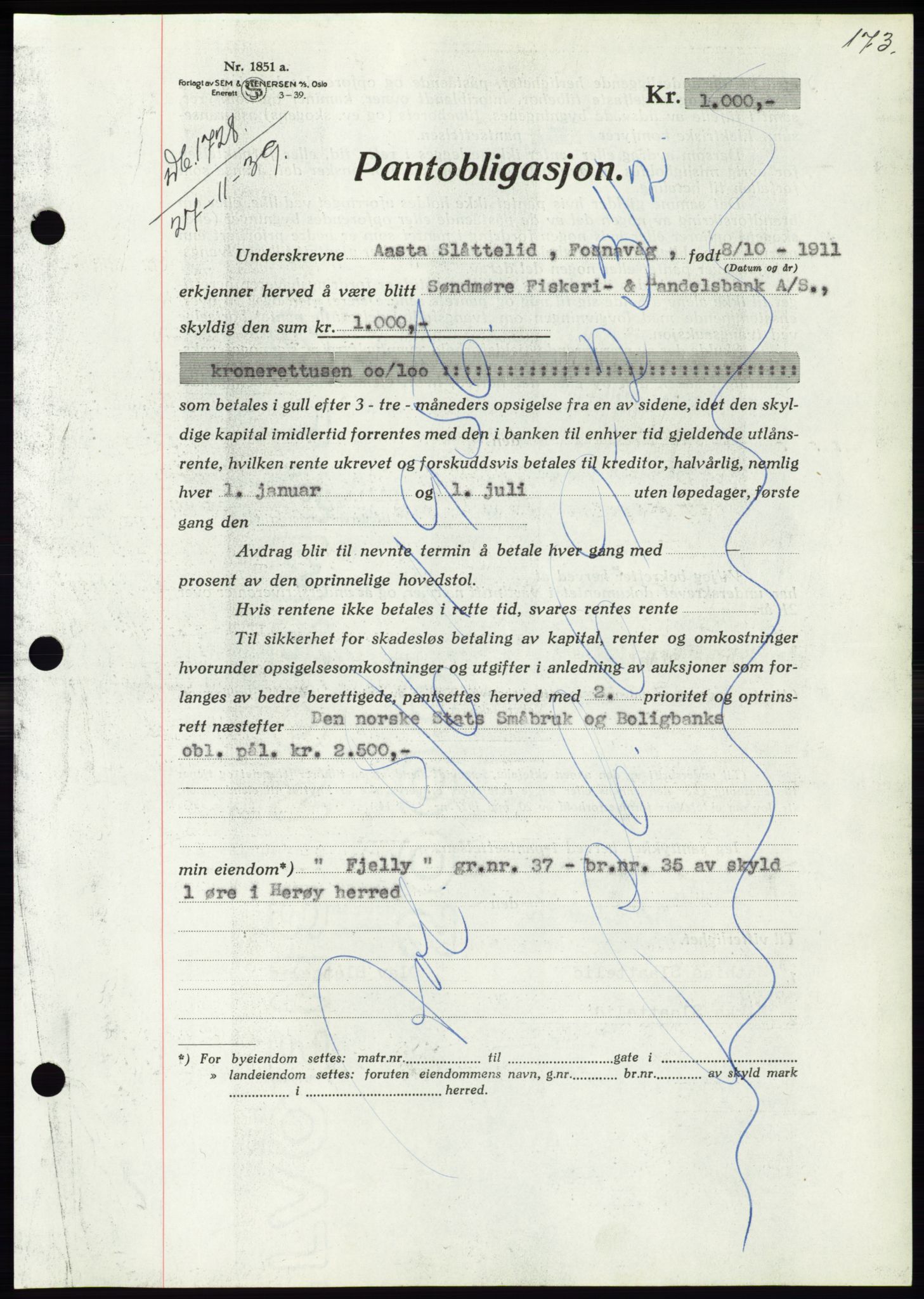 Søre Sunnmøre sorenskriveri, AV/SAT-A-4122/1/2/2C/L0069: Mortgage book no. 63, 1939-1940, Diary no: : 1728/1939