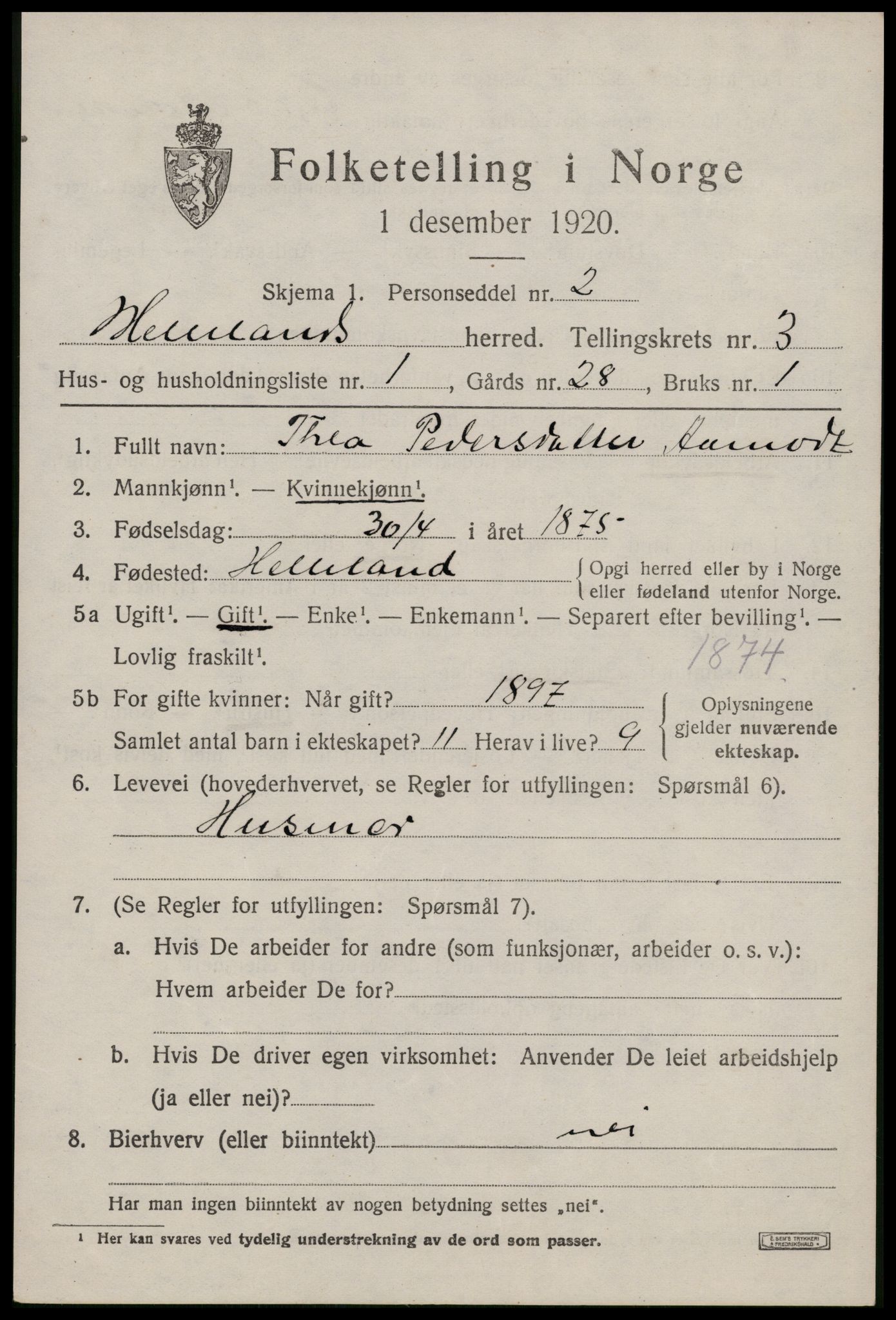 SAST, 1920 census for Helleland, 1920, p. 1575