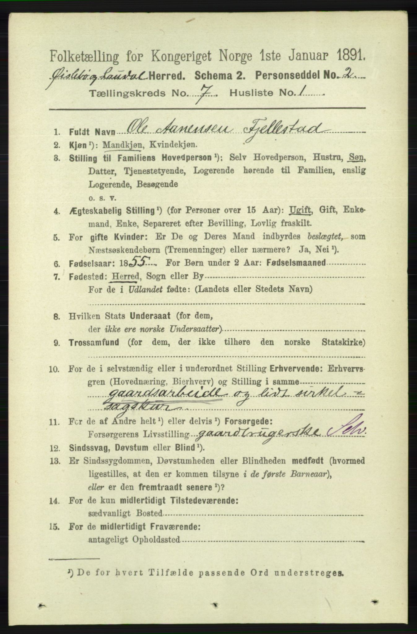 RA, 1891 census for 1021 Øyslebø og Laudal, 1891, p. 1929