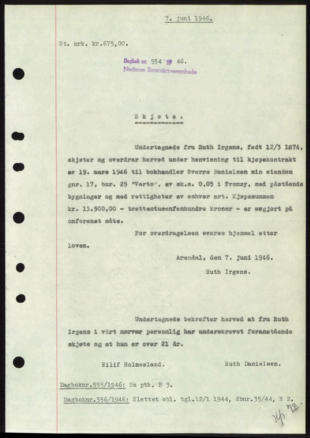 Nedenes sorenskriveri, SAK/1221-0006/G/Gb/Gba/L0054: Mortgage book no. A6c, 1946-1946, Diary no: : 554/1946