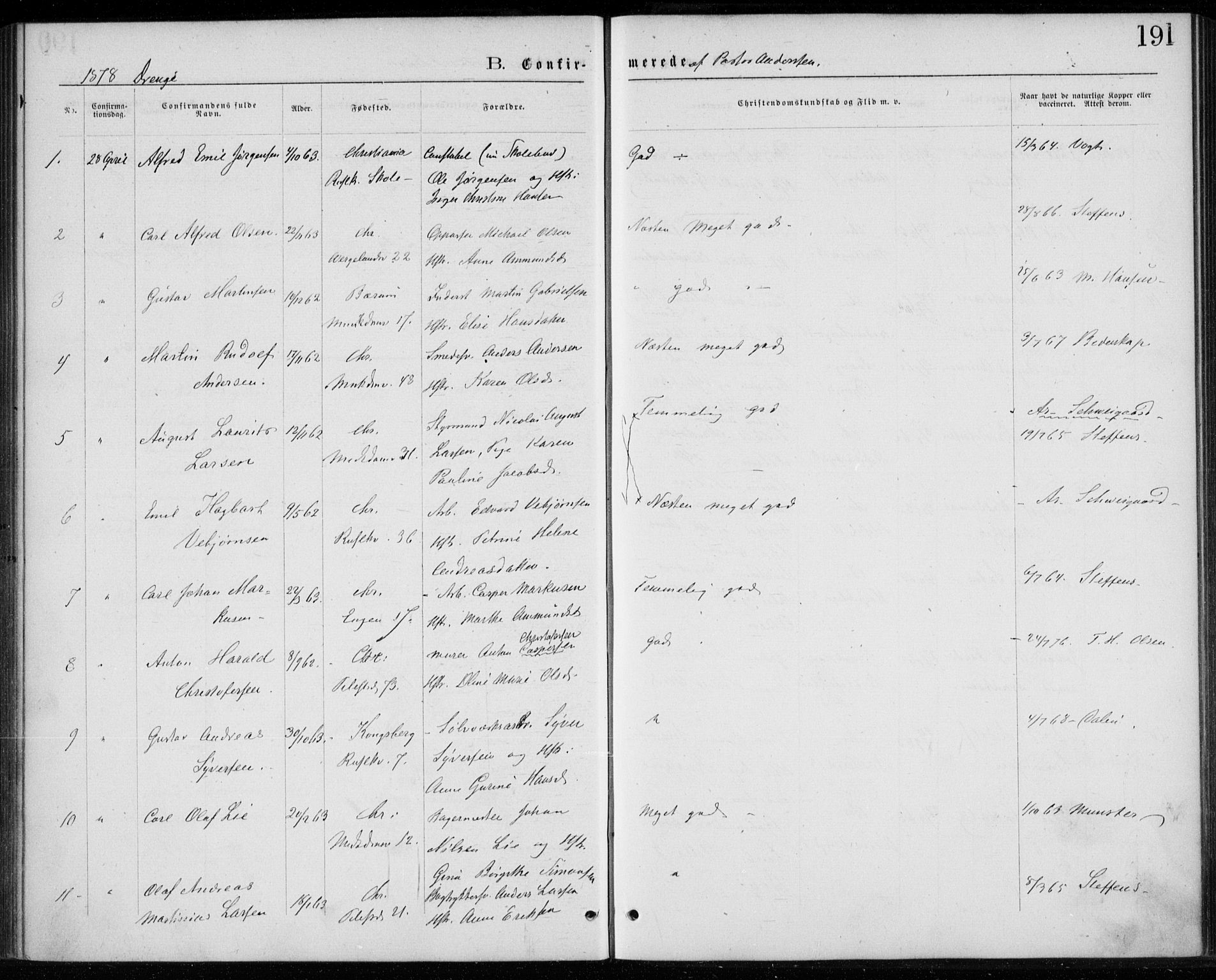 Trefoldighet prestekontor Kirkebøker, AV/SAO-A-10882/F/Fb/L0002: Parish register (official) no. II 2, 1871-1880, p. 191