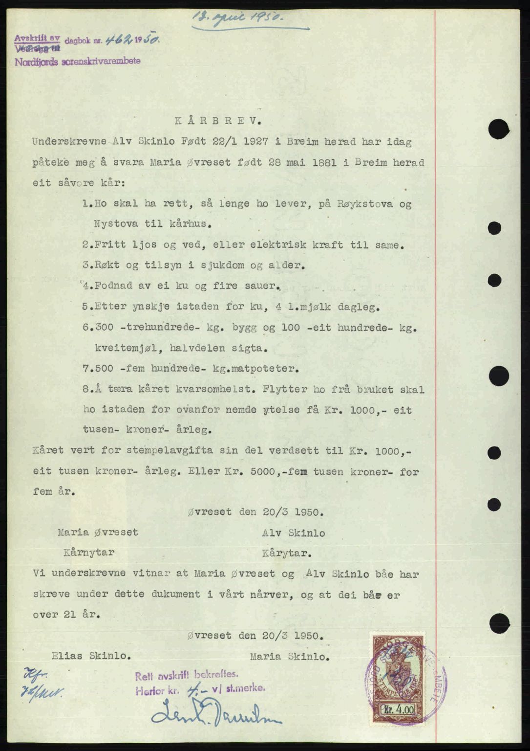 Nordfjord sorenskriveri, SAB/A-2801/02/02b/02bj/L0016a: Mortgage book no. A16 I, 1949-1950, Diary no: : 462/1950