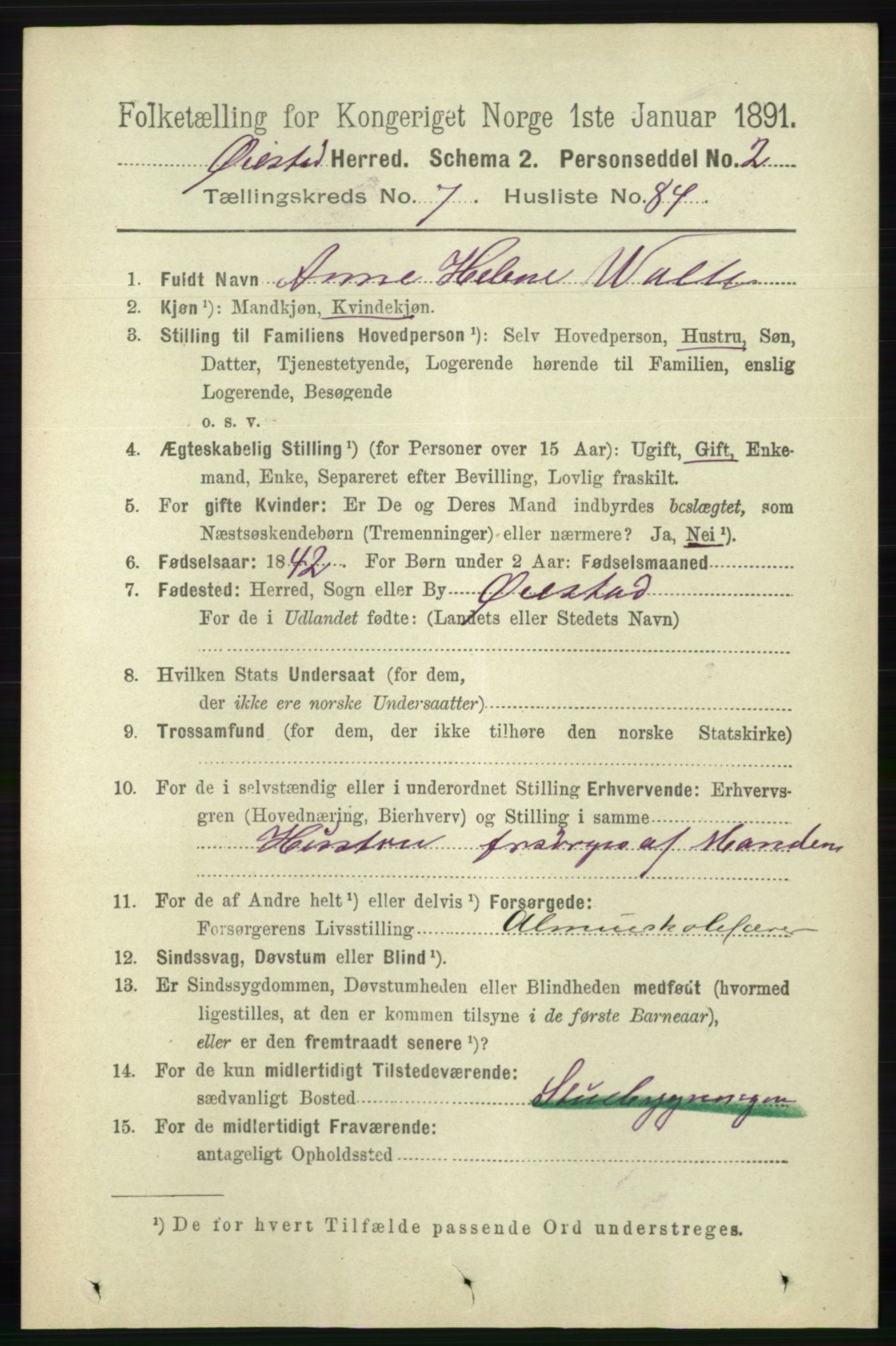 RA, 1891 census for 0920 Øyestad, 1891, p. 3125