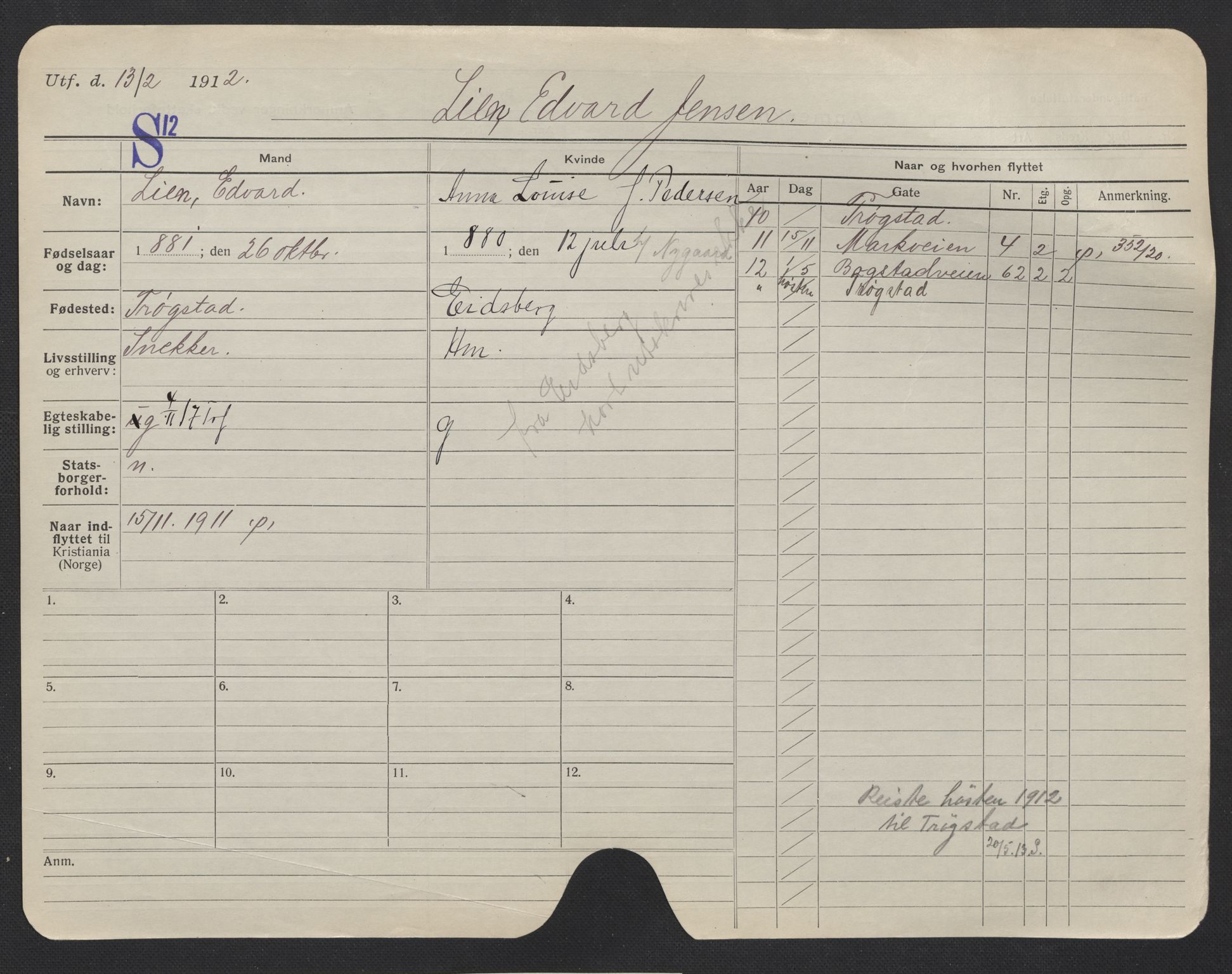 Oslo folkeregister, Registerkort, AV/SAO-A-11715/F/Fa/Fac/L0007: Menn, 1906-1914, p. 101a