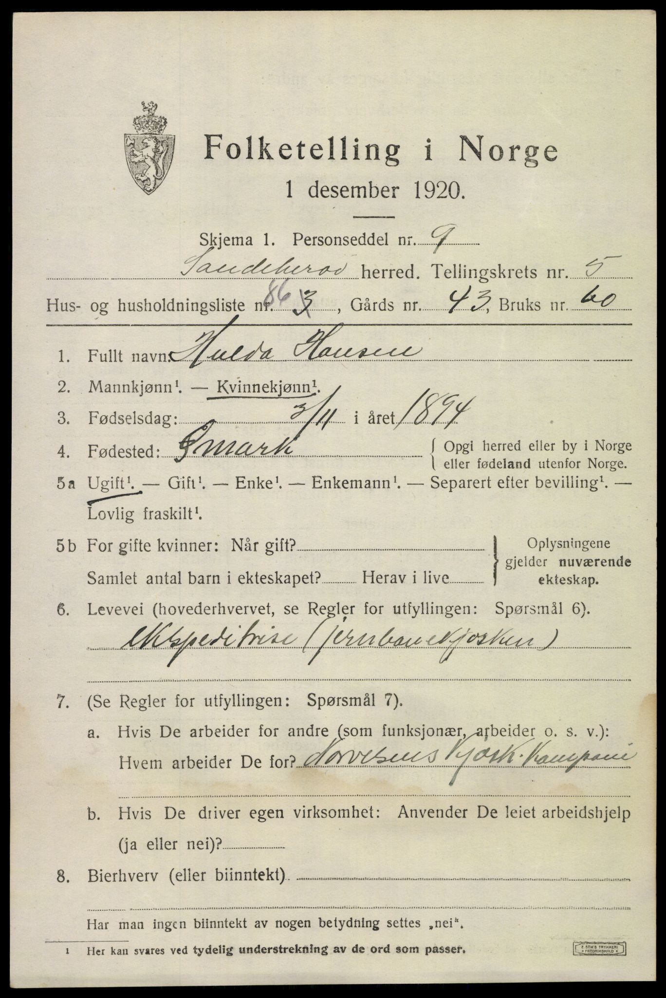 SAKO, 1920 census for Sandeherred, 1920, p. 9232