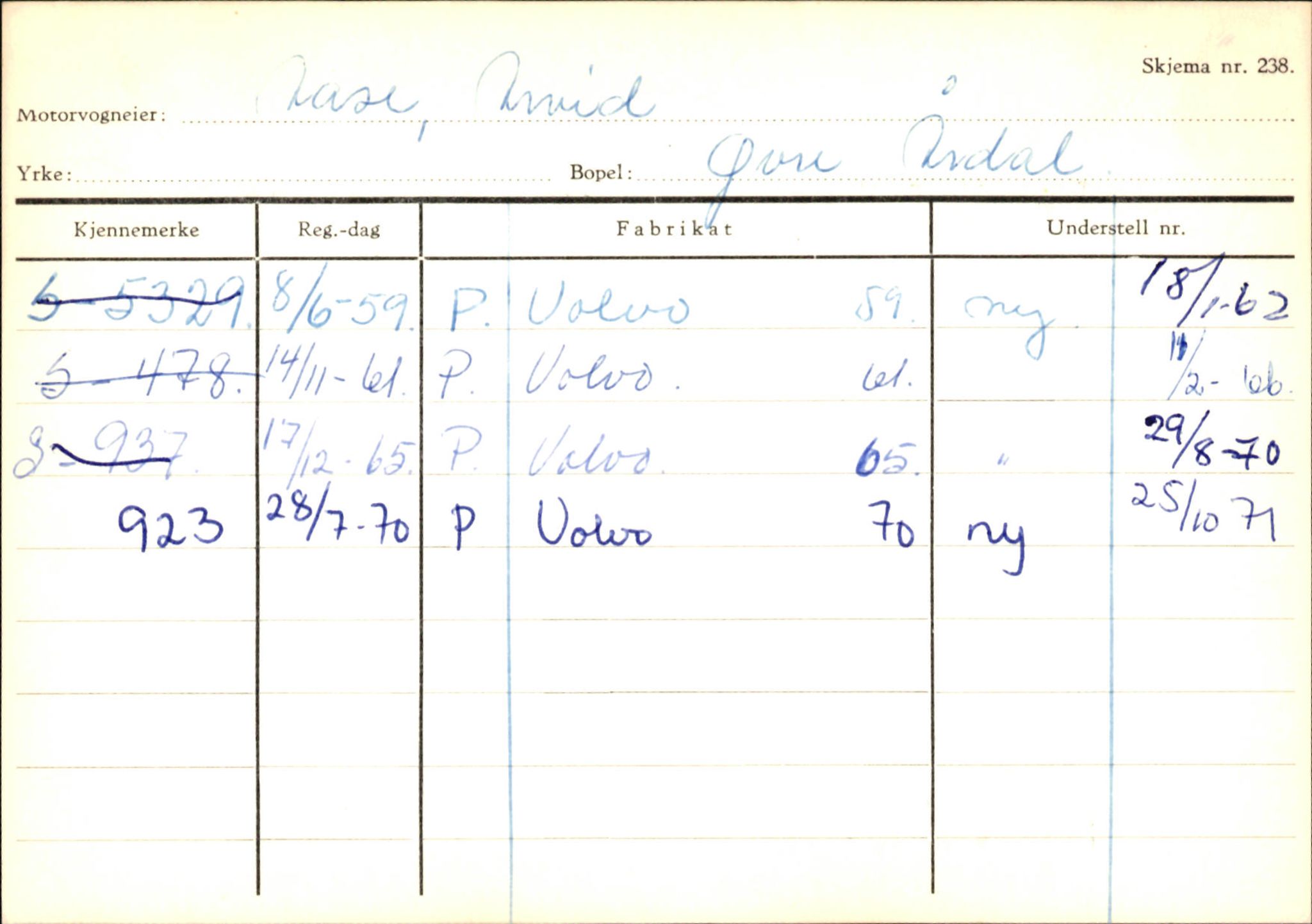 Statens vegvesen, Sogn og Fjordane vegkontor, SAB/A-5301/4/F/L0146: Registerkort Årdal R-Å samt diverse kort, 1945-1975, p. 1527