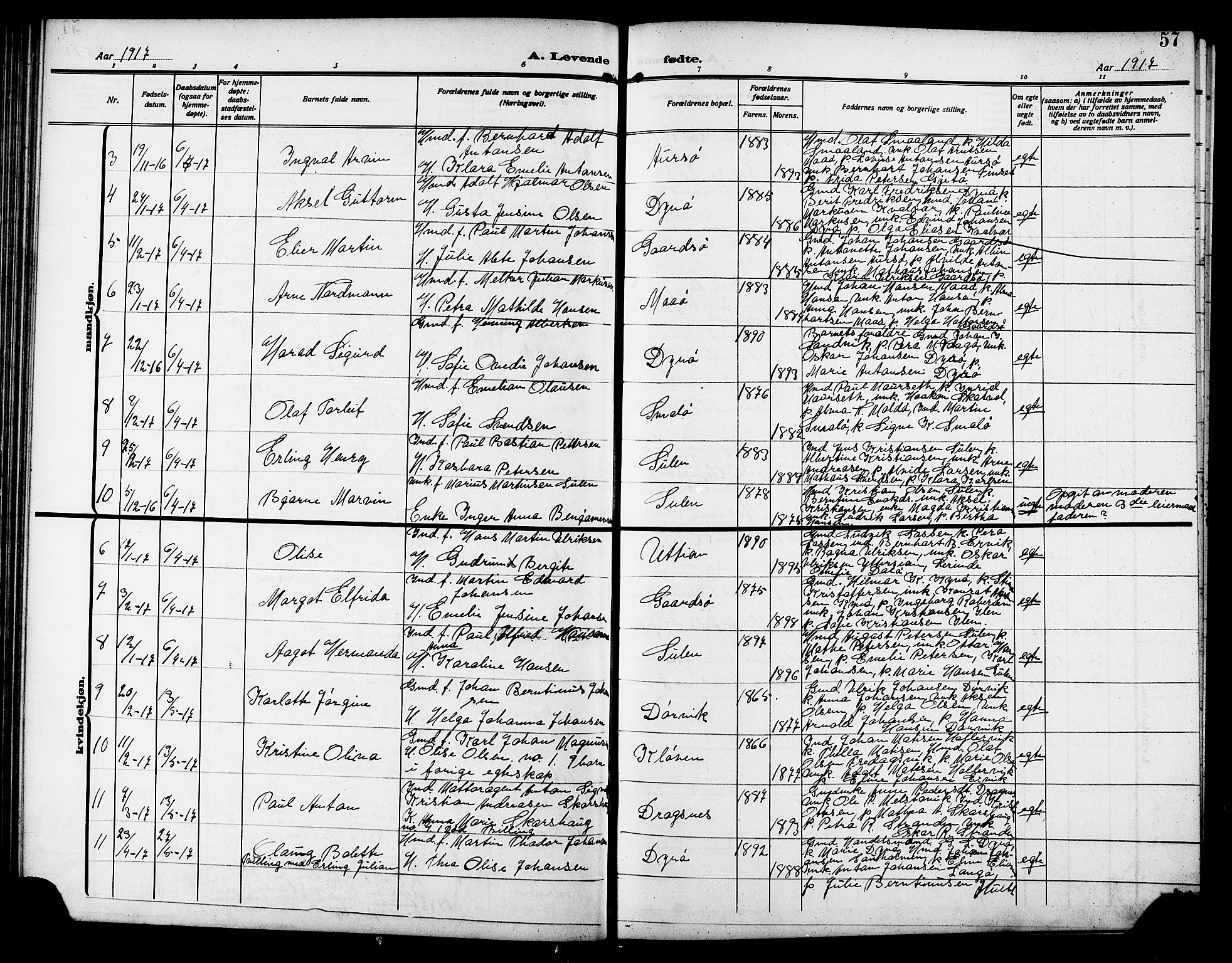 Ministerialprotokoller, klokkerbøker og fødselsregistre - Sør-Trøndelag, SAT/A-1456/640/L0588: Parish register (copy) no. 640C05, 1909-1922, p. 57