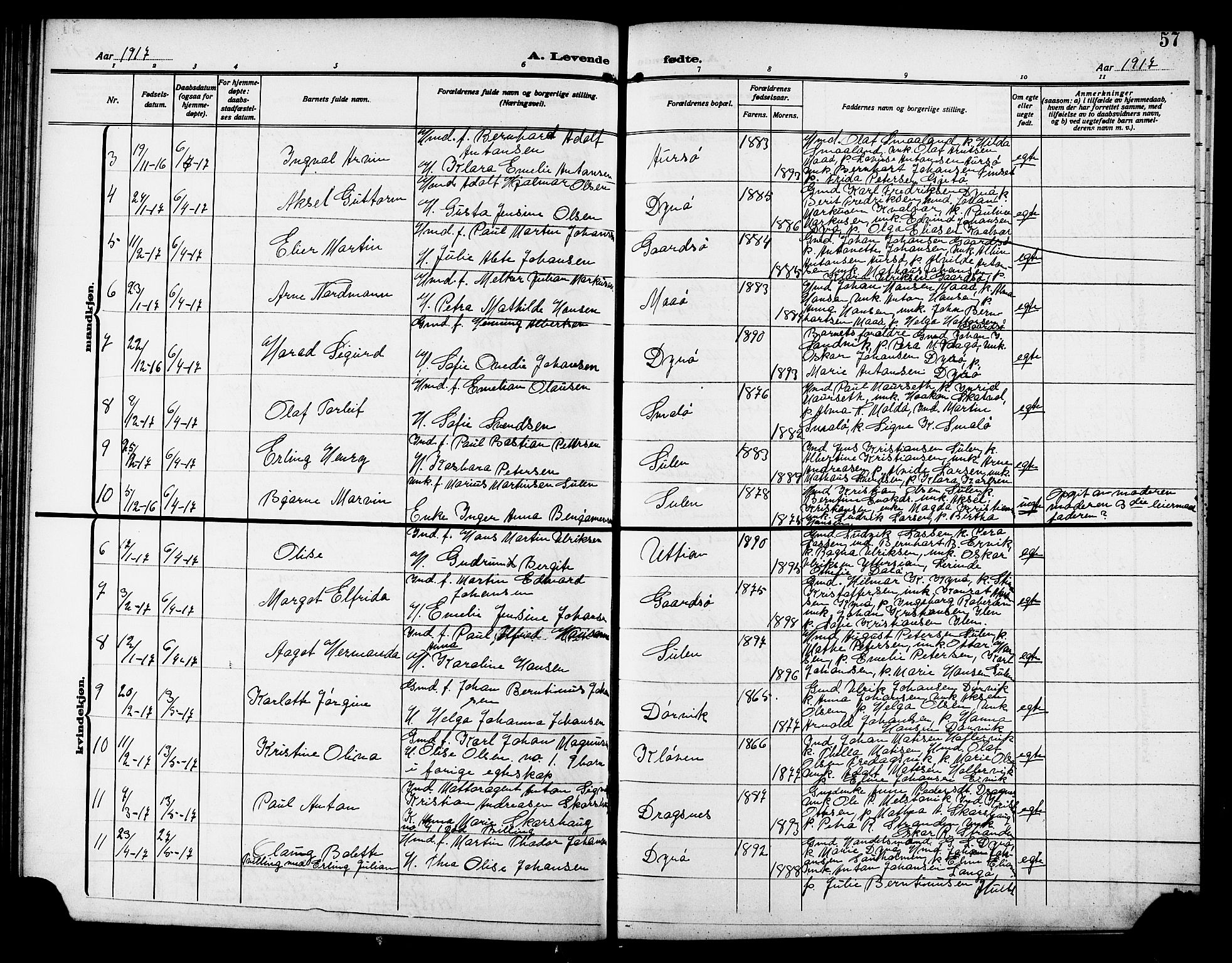 Ministerialprotokoller, klokkerbøker og fødselsregistre - Sør-Trøndelag, AV/SAT-A-1456/640/L0588: Parish register (copy) no. 640C05, 1909-1922, p. 57