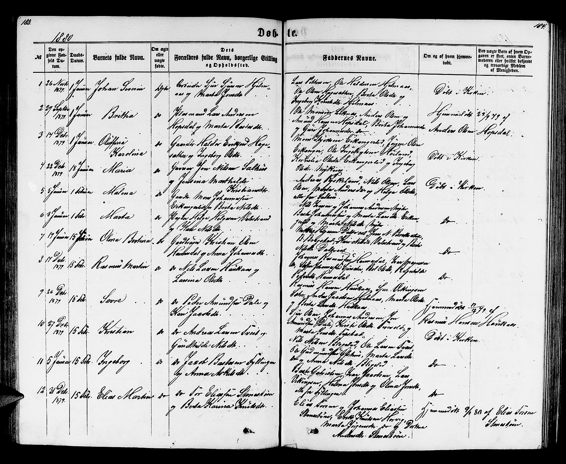 Hamre sokneprestembete, SAB/A-75501/H/Ha/Hab: Parish register (copy) no. B 2, 1863-1880, p. 183-184