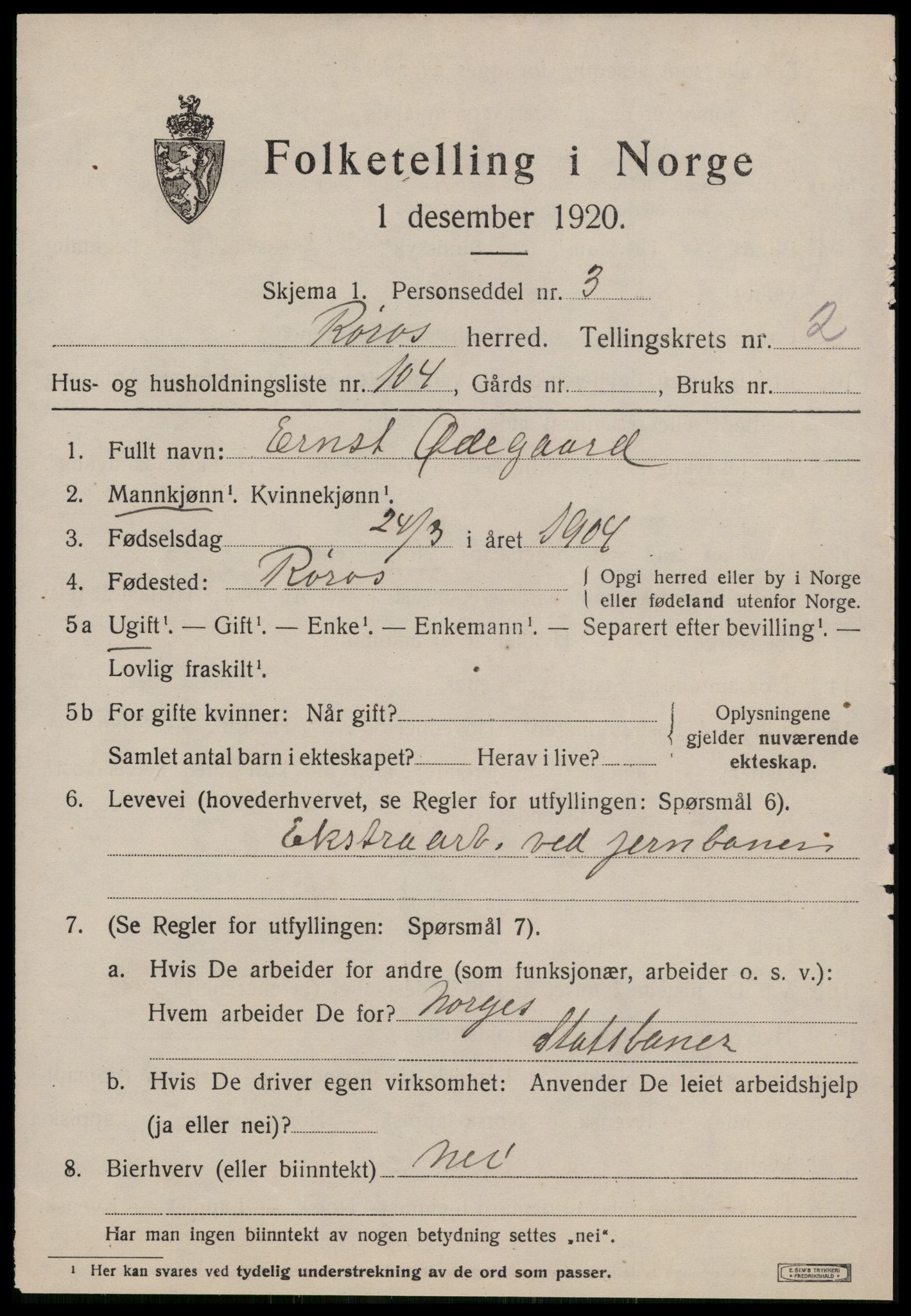 SAT, 1920 census for Røros, 1920, p. 3898