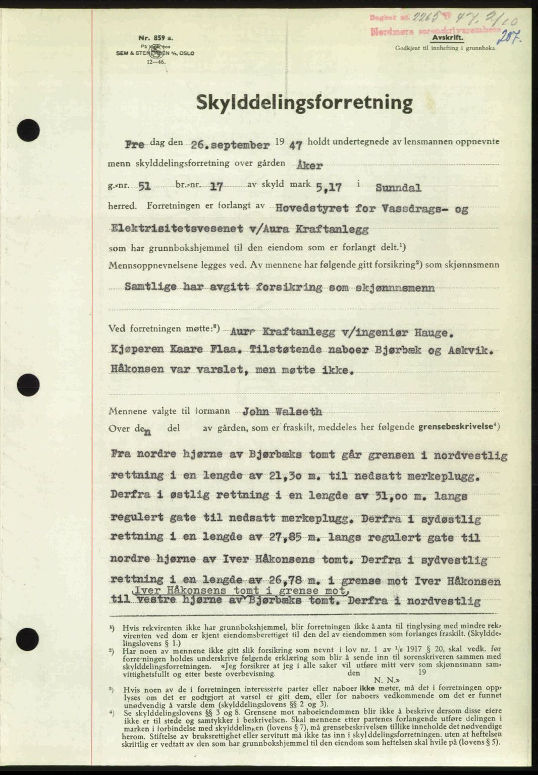 Nordmøre sorenskriveri, AV/SAT-A-4132/1/2/2Ca: Mortgage book no. A106, 1947-1947, Diary no: : 2265/1947