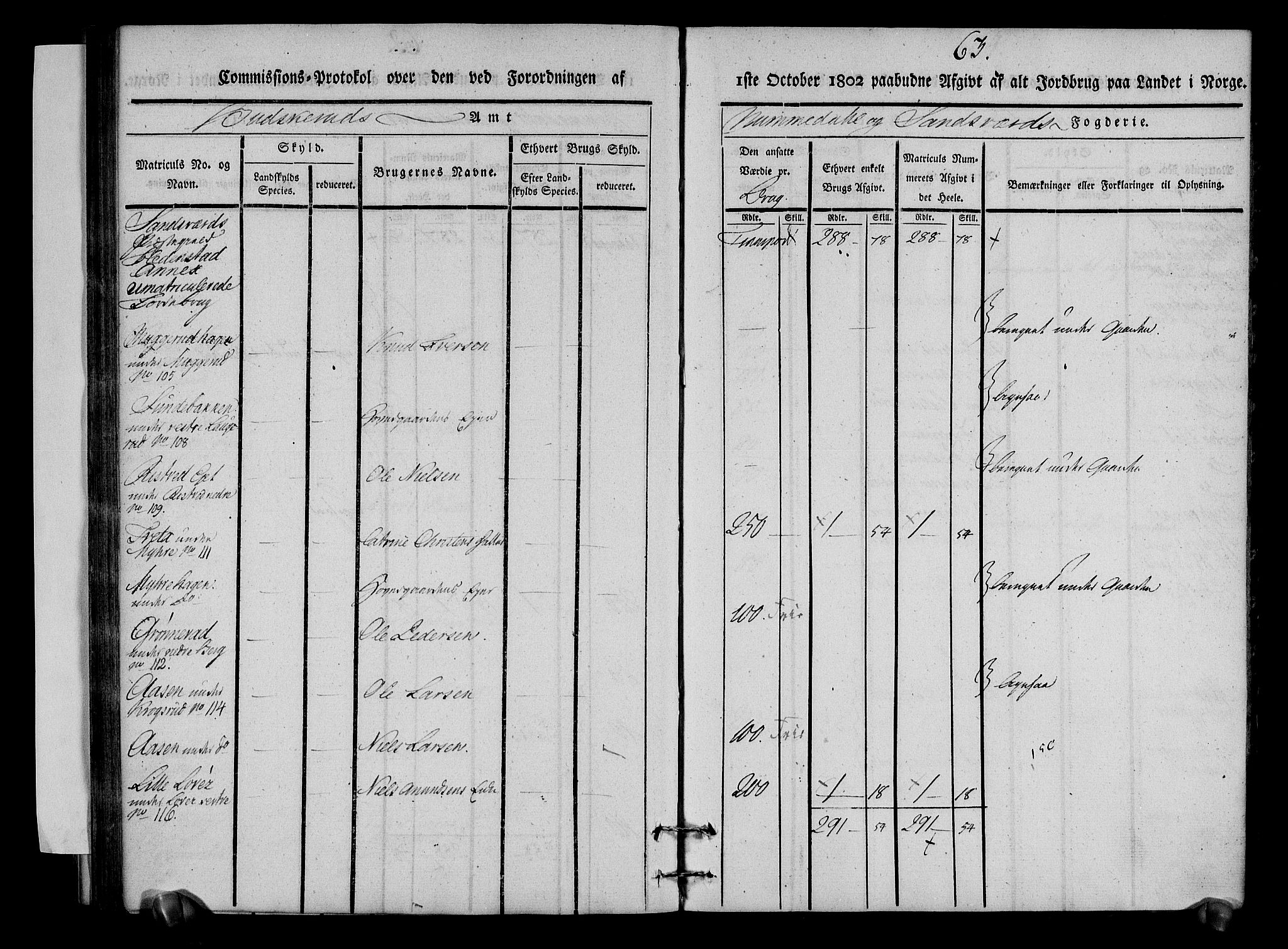 Rentekammeret inntil 1814, Realistisk ordnet avdeling, AV/RA-EA-4070/N/Ne/Nea/L0053: Numedal og Sandsvær fogderi. Kommisjonsprotokoll over matrikulerte jordbruk i Hedenstad anneks, 1803, p. 64