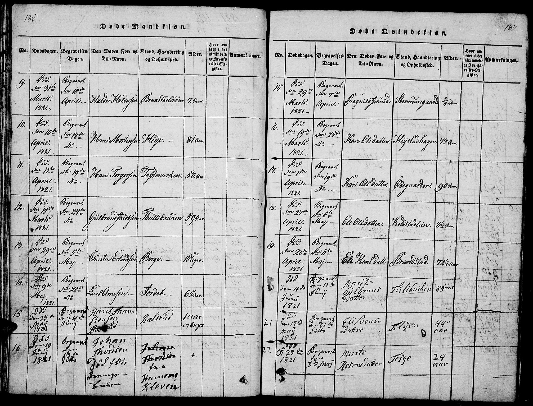 Ringebu prestekontor, SAH/PREST-082/H/Ha/Hab/L0001: Parish register (copy) no. 1, 1821-1839, p. 186-187