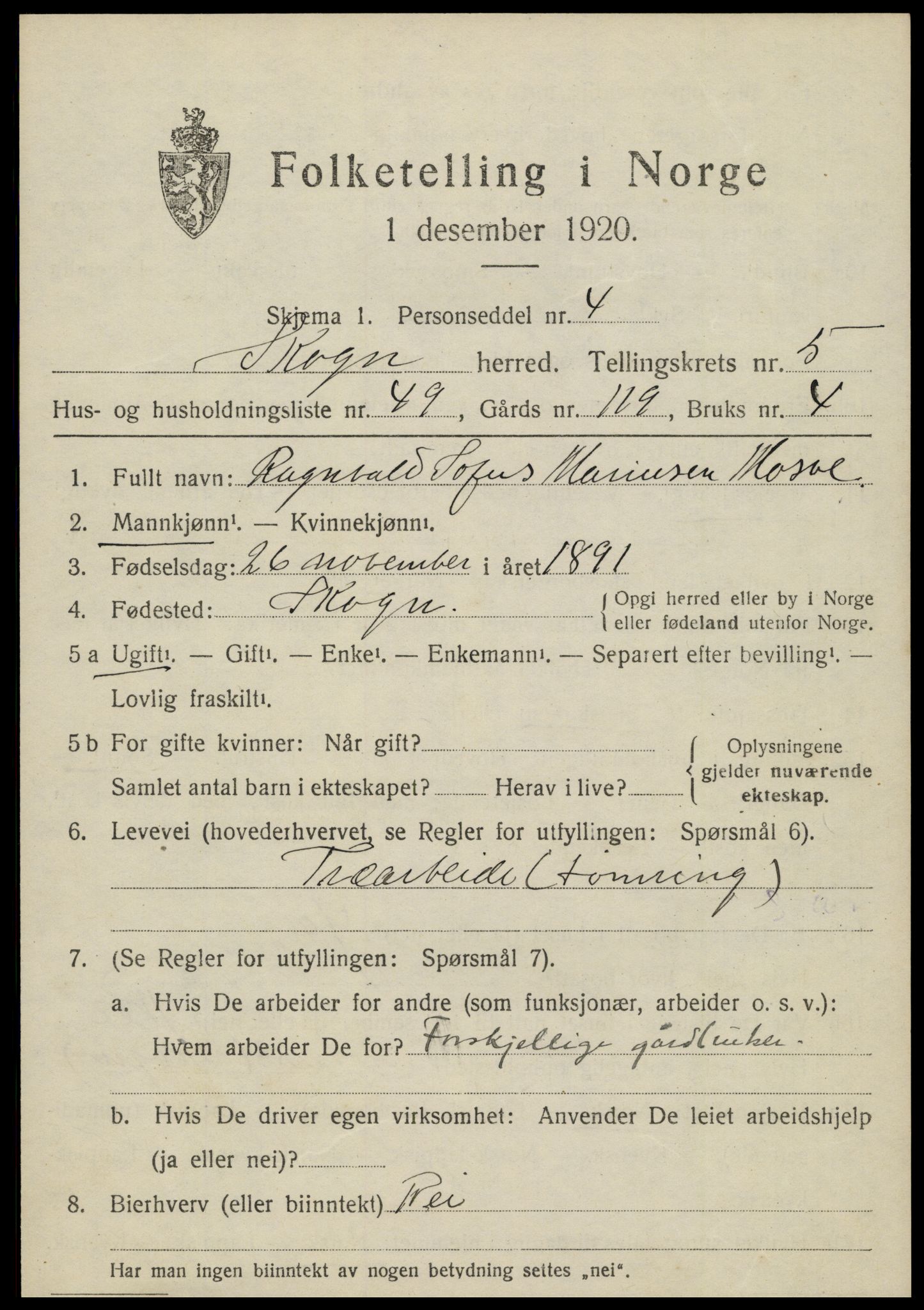 SAT, 1920 census for Skogn, 1920, p. 7003