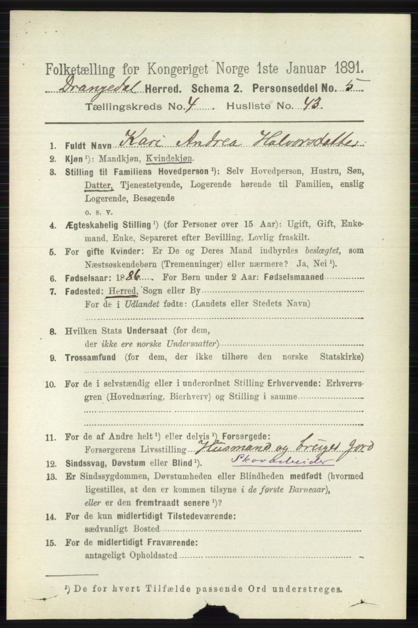 RA, 1891 census for 0817 Drangedal, 1891, p. 1603