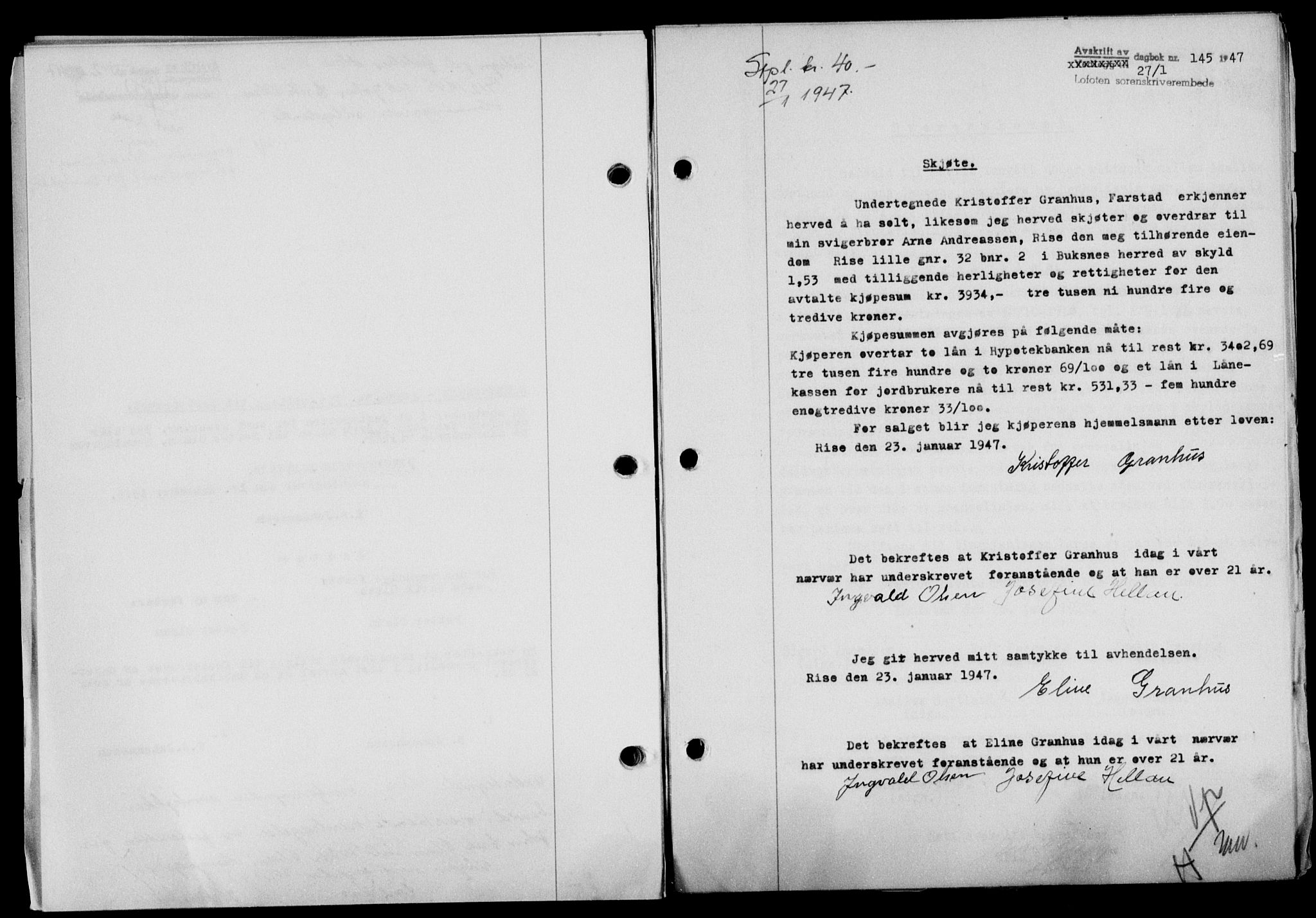 Lofoten sorenskriveri, SAT/A-0017/1/2/2C/L0015a: Mortgage book no. 15a, 1946-1947, Diary no: : 145/1947