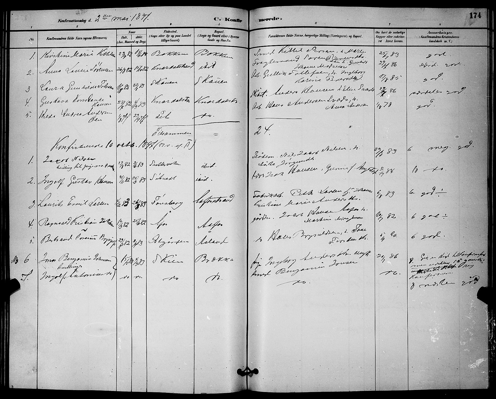 Solum kirkebøker, AV/SAKO-A-306/G/Ga/L0007: Parish register (copy) no. I 7, 1884-1898, p. 174