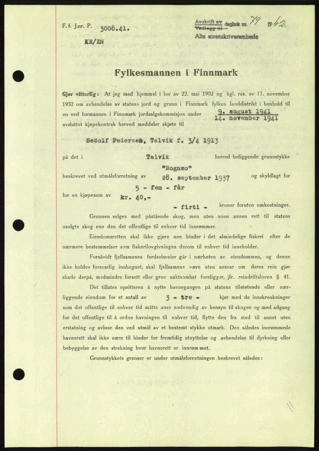 Alta fogderi/sorenskriveri, SATØ/SATØ-5/1/K/Kd/L0033pantebok: Mortgage book no. 33, 1940-1943, Diary no: : 79/1942
