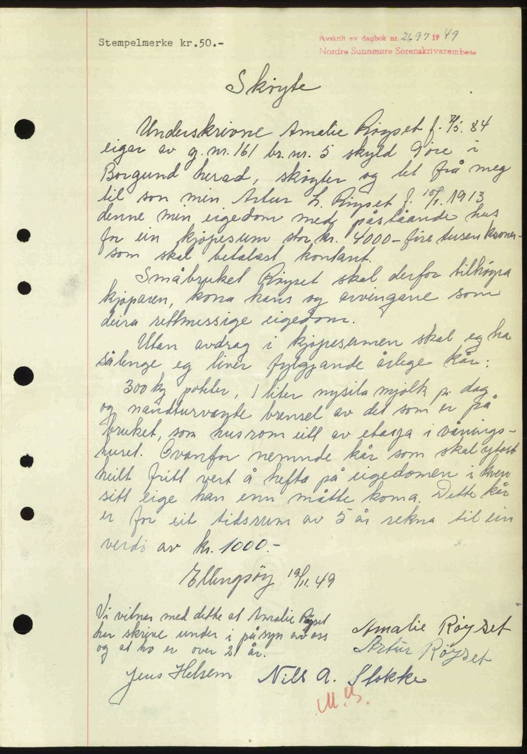 Nordre Sunnmøre sorenskriveri, AV/SAT-A-0006/1/2/2C/2Ca: Mortgage book no. A33, 1949-1950, Diary no: : 2697/1949