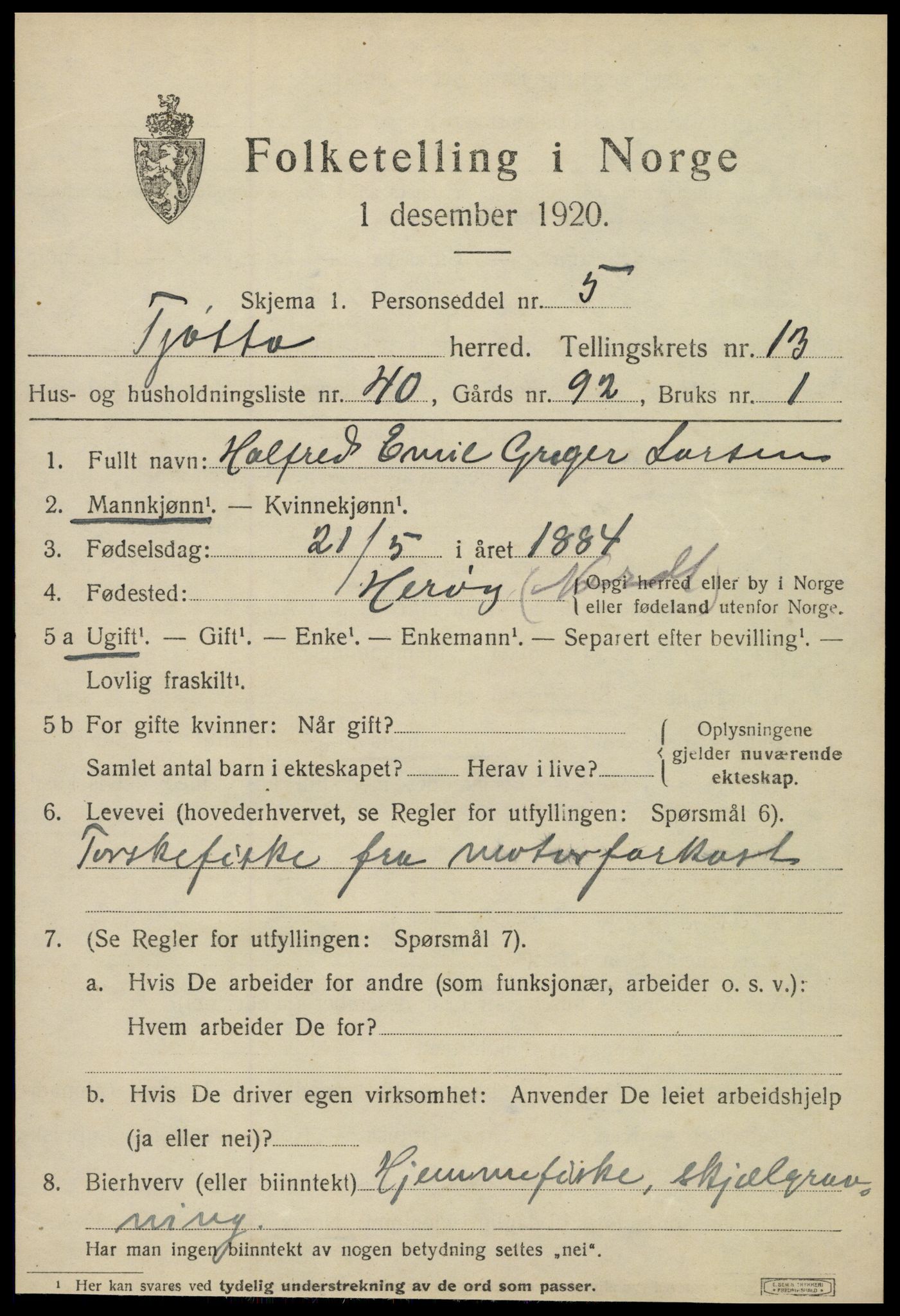 SAT, 1920 census for Tjøtta, 1920, p. 5369