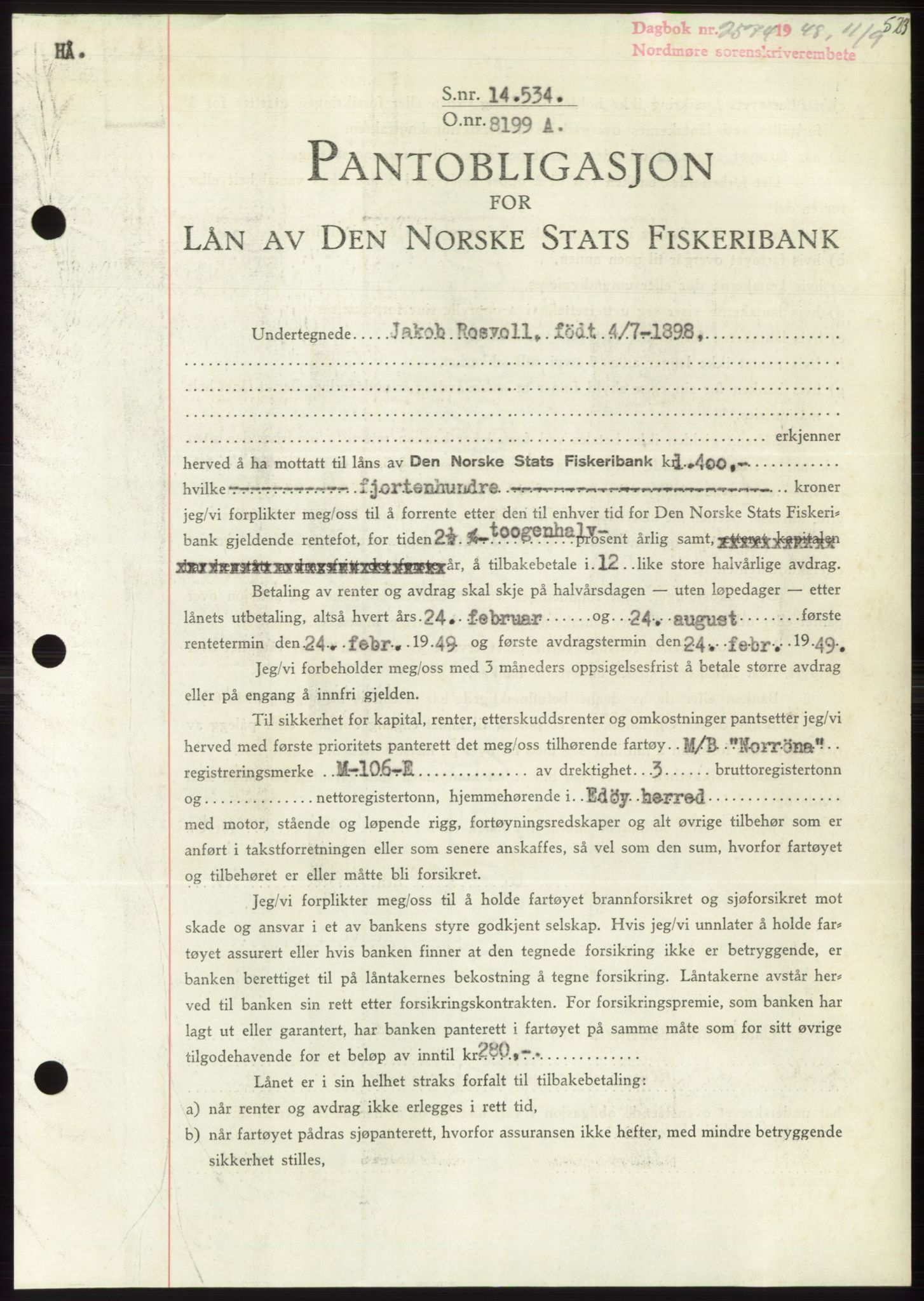 Nordmøre sorenskriveri, AV/SAT-A-4132/1/2/2Ca: Mortgage book no. B99, 1948-1948, Diary no: : 2574/1948