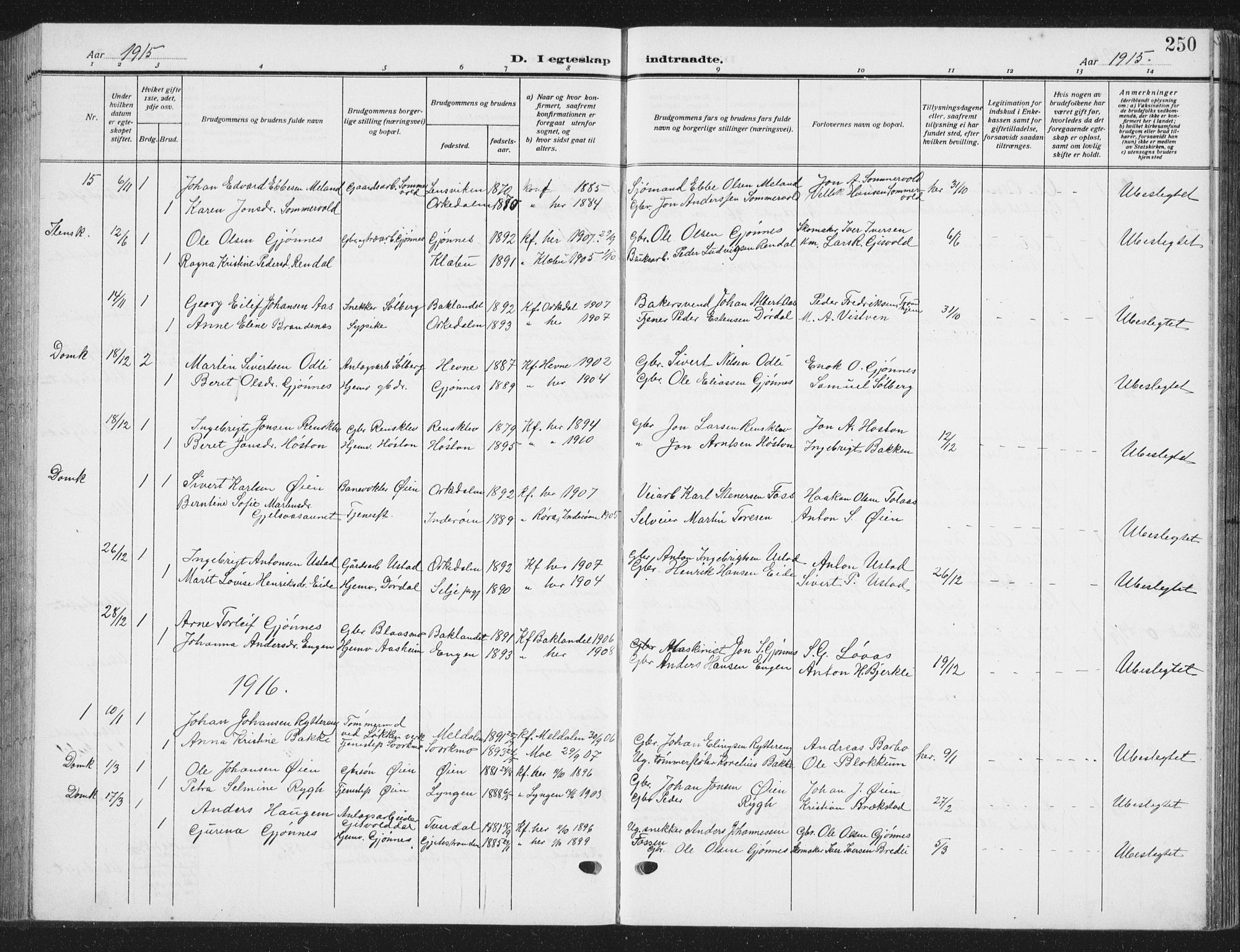 Ministerialprotokoller, klokkerbøker og fødselsregistre - Sør-Trøndelag, AV/SAT-A-1456/668/L0820: Parish register (copy) no. 668C09, 1912-1936, p. 250