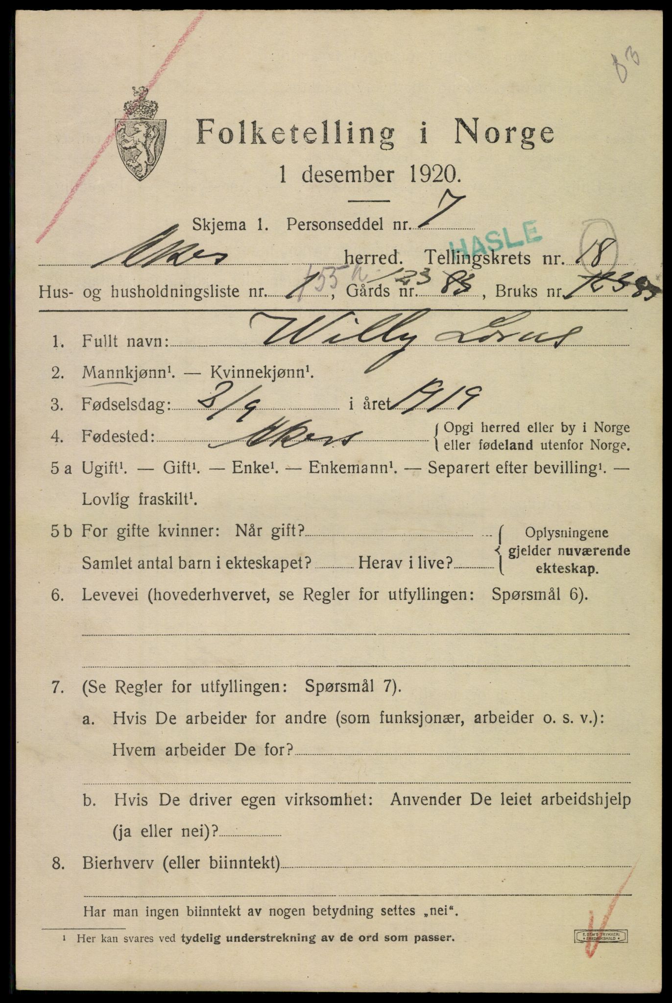 SAO, 1920 census for Aker, 1920, p. 110378