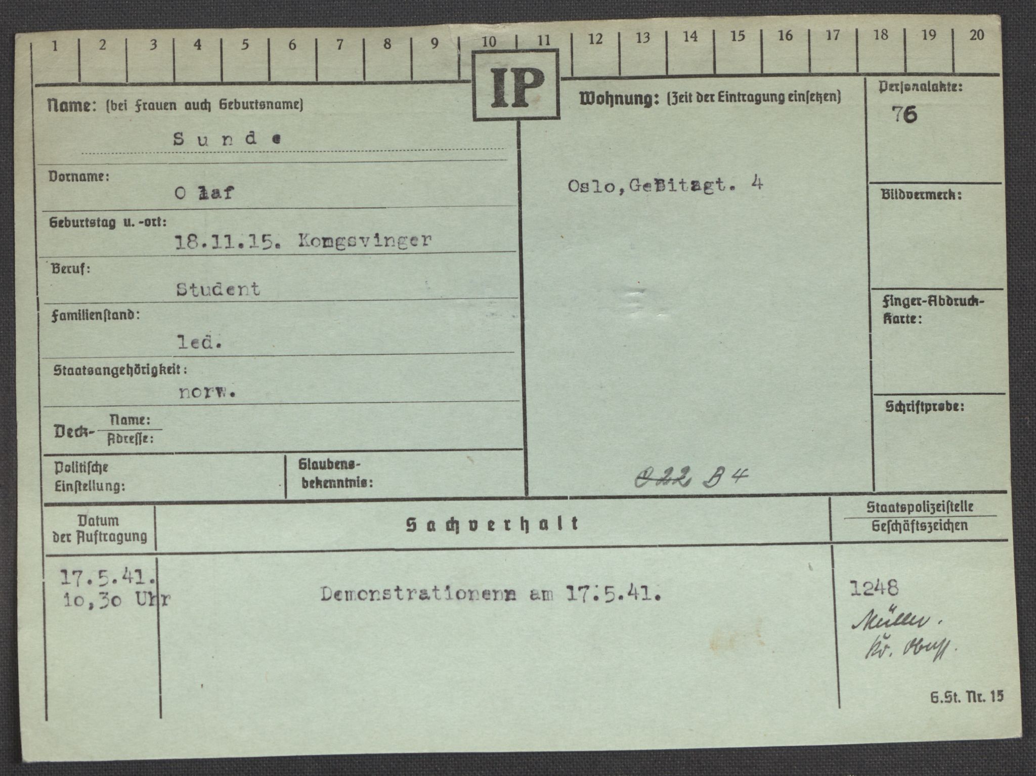 Befehlshaber der Sicherheitspolizei und des SD, AV/RA-RAFA-5969/E/Ea/Eaa/L0009: Register over norske fanger i Møllergata 19: Ru-Sy, 1940-1945, p. 1474