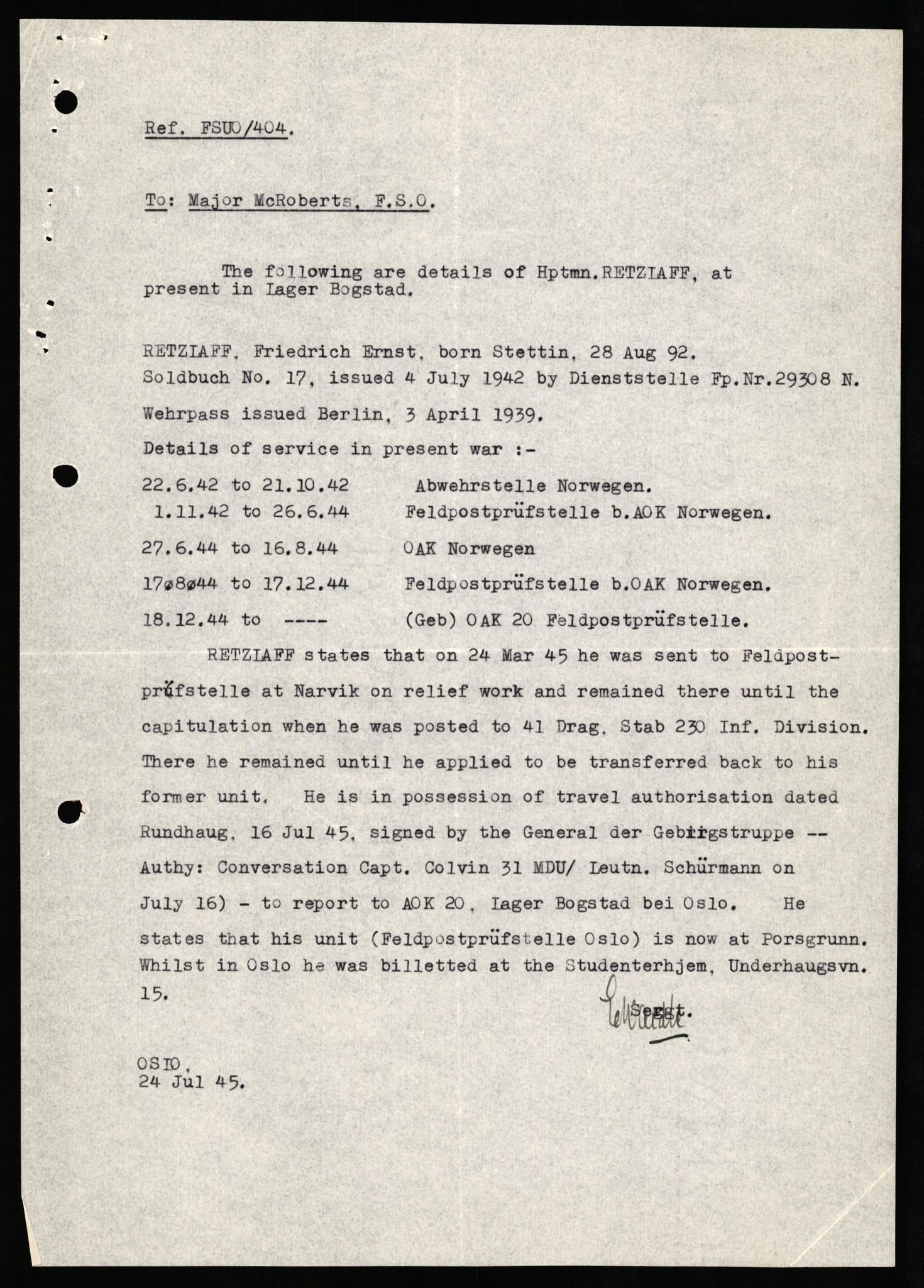 Forsvaret, Forsvarets overkommando II, AV/RA-RAFA-3915/D/Db/L0027: CI Questionaires. Tyske okkupasjonsstyrker i Norge. Tyskere., 1945-1946, p. 251