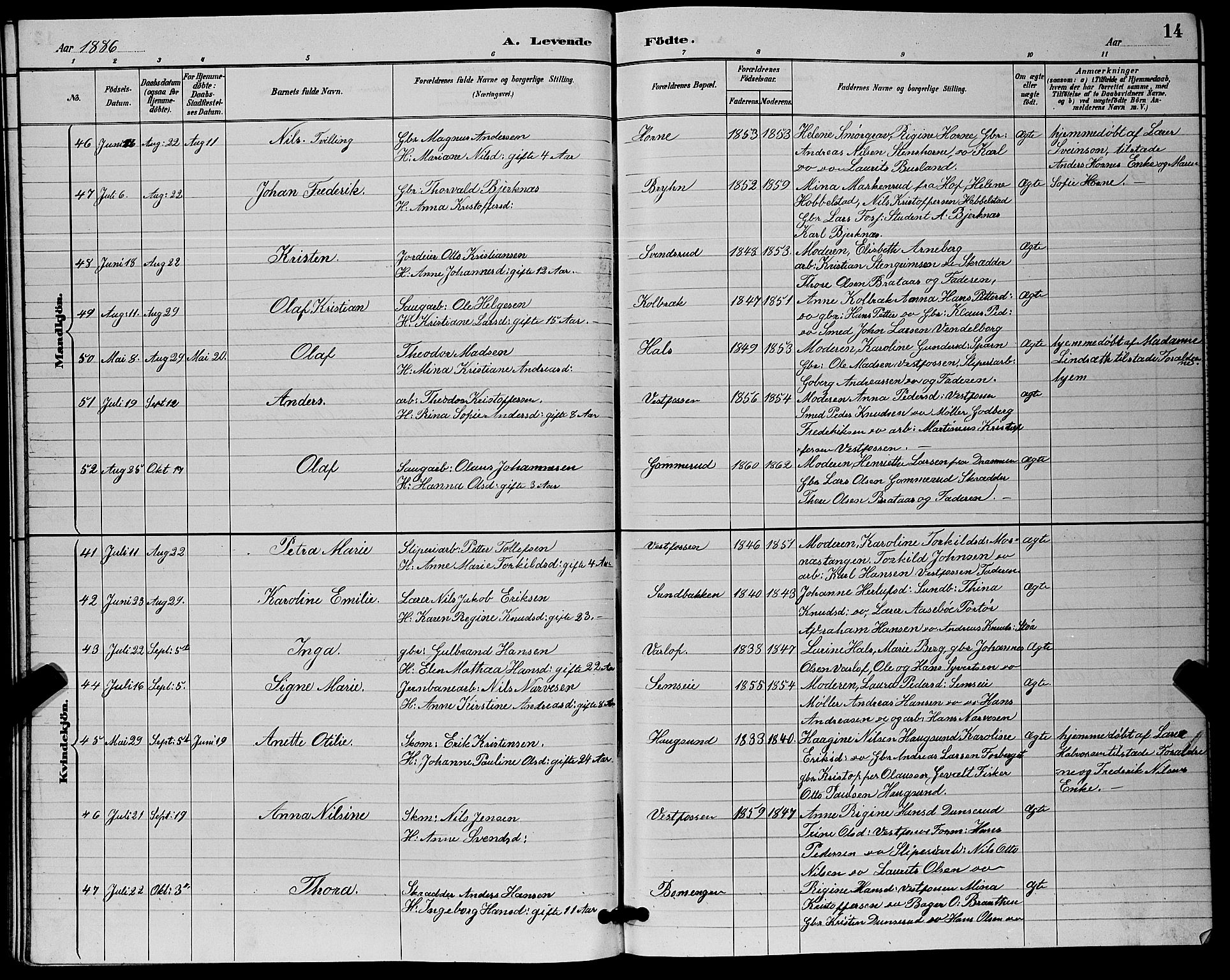 Eiker kirkebøker, AV/SAKO-A-4/G/Ga/L0006: Parish register (copy) no. I 6, 1885-1893, p. 14