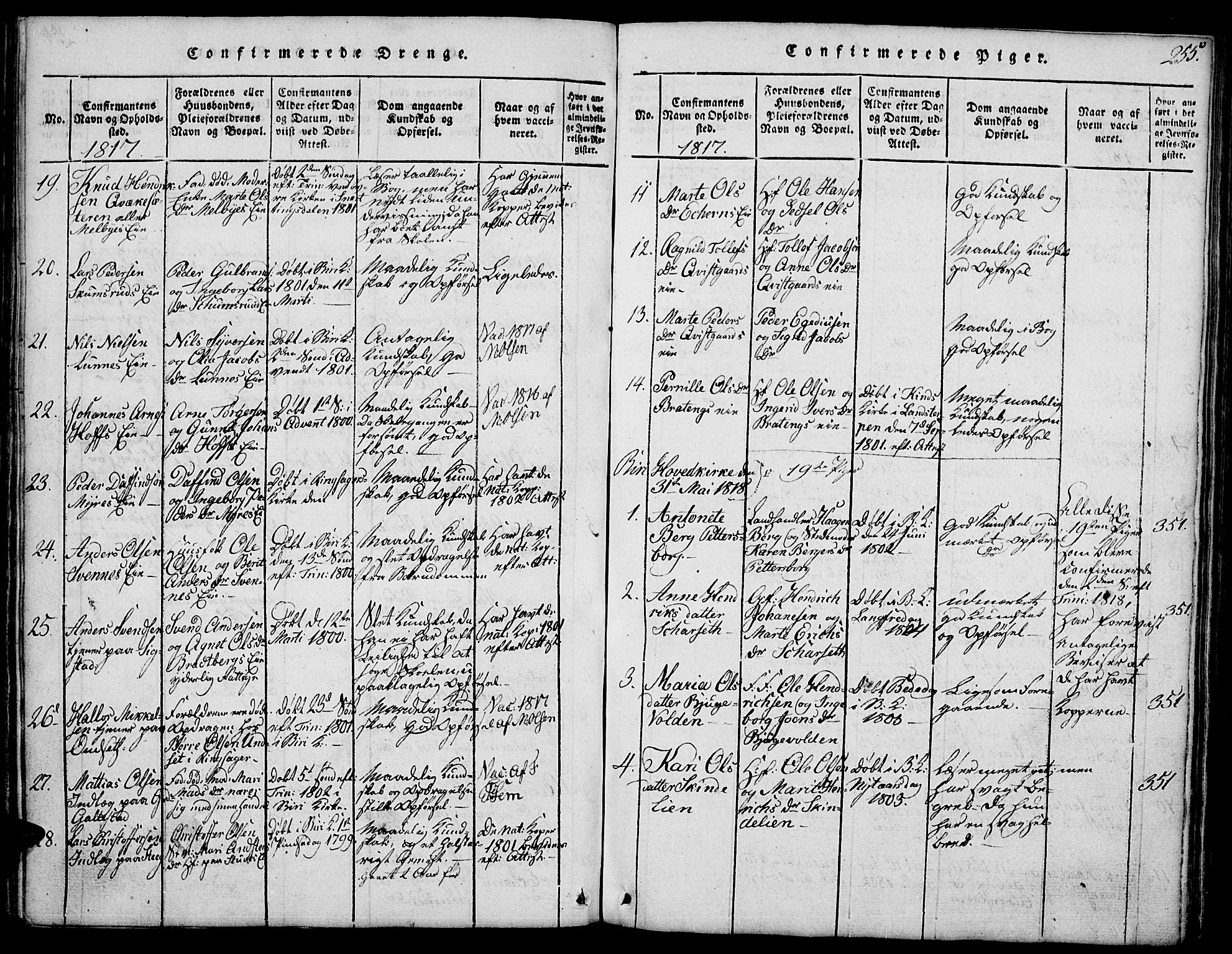 Biri prestekontor, SAH/PREST-096/H/Ha/Hab/L0001: Parish register (copy) no. 1, 1814-1828, p. 255