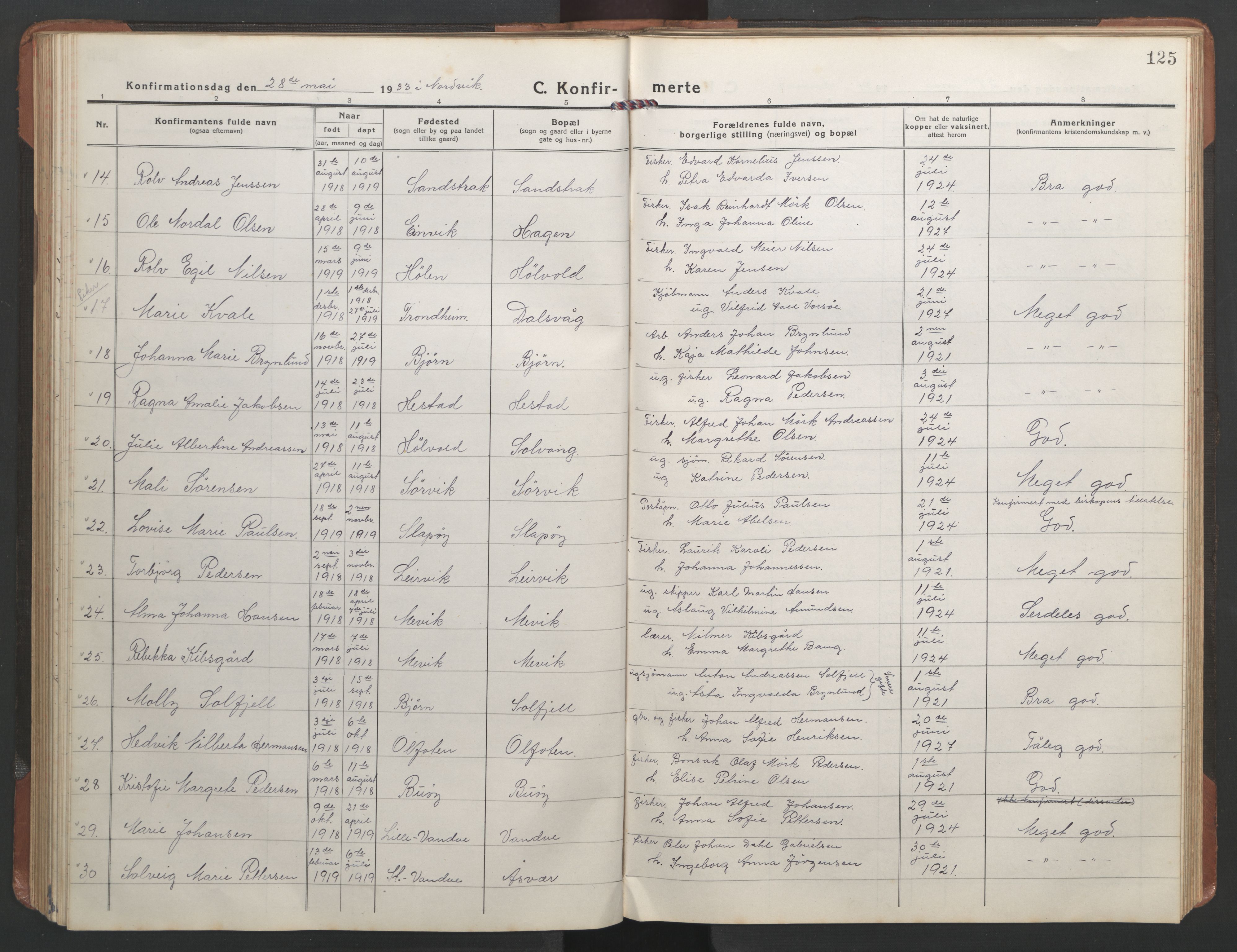 Ministerialprotokoller, klokkerbøker og fødselsregistre - Nordland, SAT/A-1459/836/L0539: Parish register (copy) no. 836C03, 1917-1949, p. 125