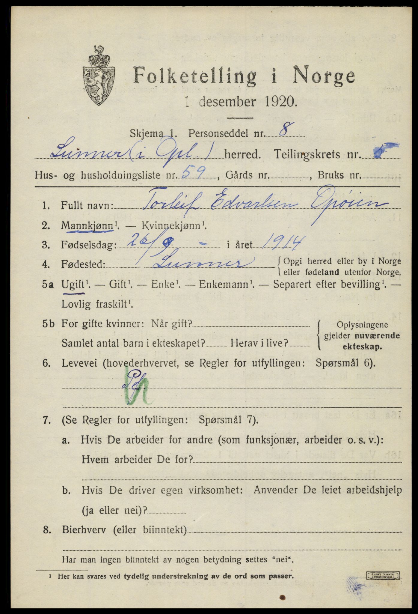 SAH, 1920 census for Lunner, 1920, p. 7661