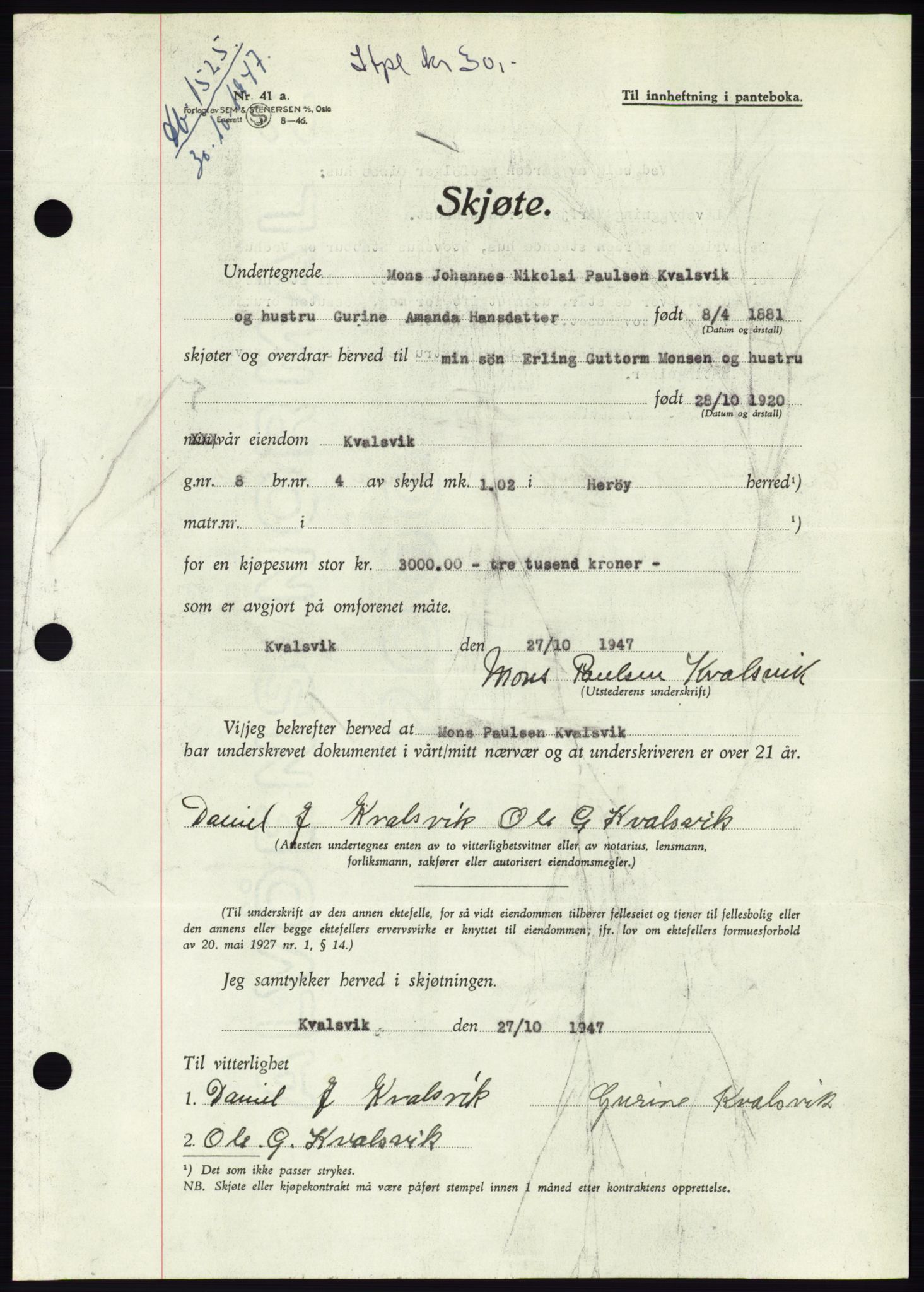 Søre Sunnmøre sorenskriveri, AV/SAT-A-4122/1/2/2C/L0081: Mortgage book no. 7A, 1947-1948, Diary no: : 1525/1947