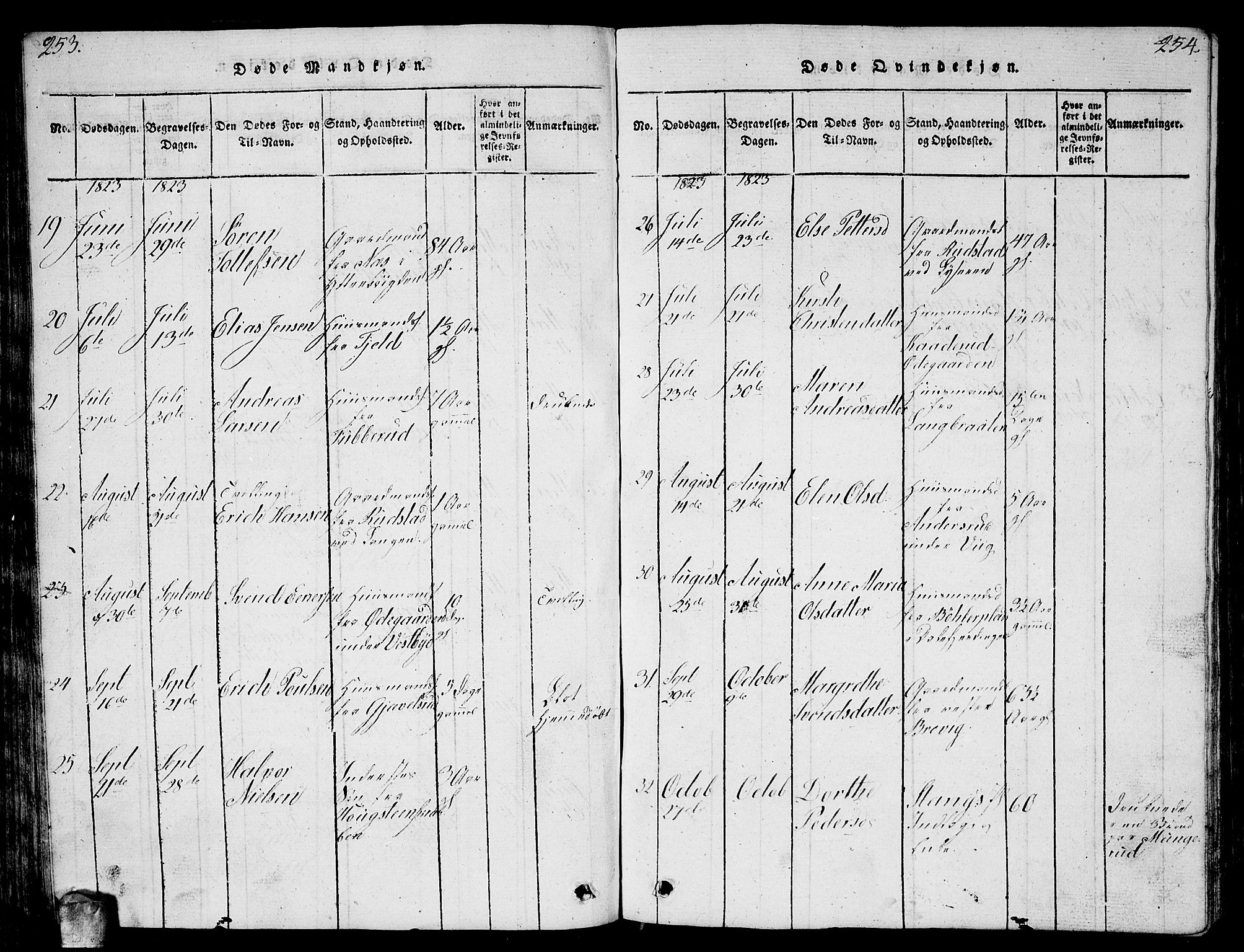 Enebakk prestekontor Kirkebøker, SAO/A-10171c/G/Ga/L0001: Parish register (copy) no. I 1, 1815-1833, p. 253-254