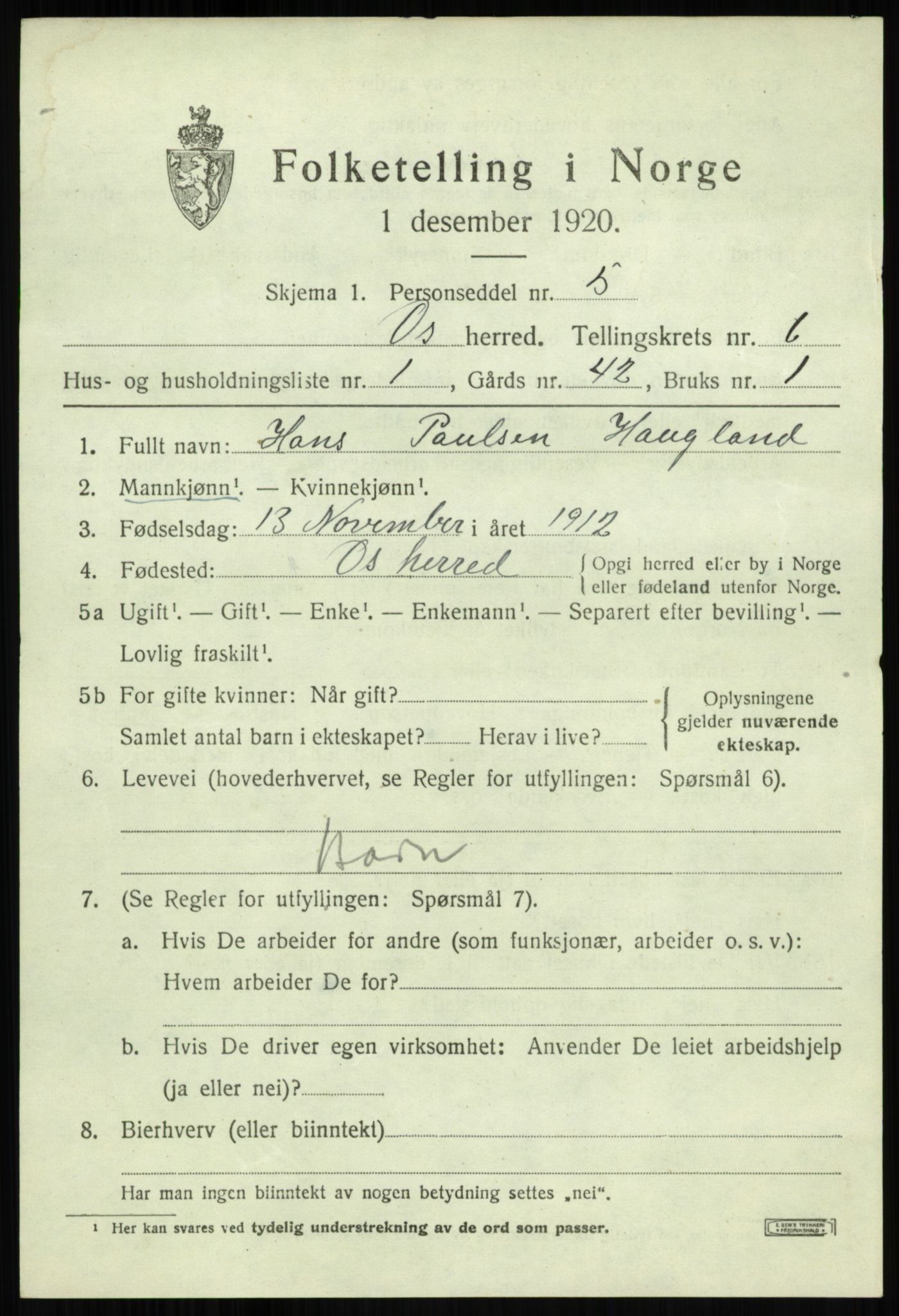 SAB, 1920 census for Os, 1920, p. 4828
