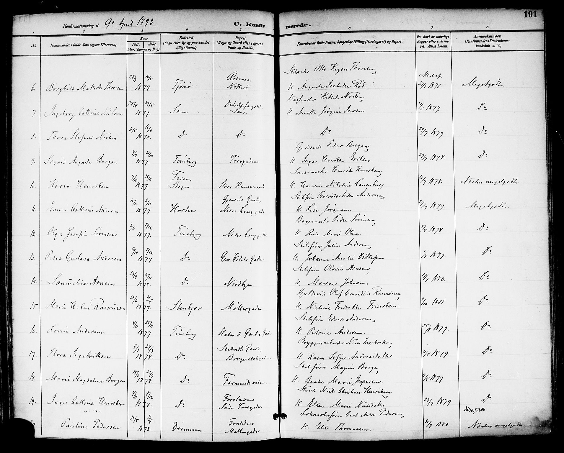 Tønsberg kirkebøker, AV/SAKO-A-330/F/Fa/L0012: Parish register (official) no. I 12, 1891-1899, p. 191