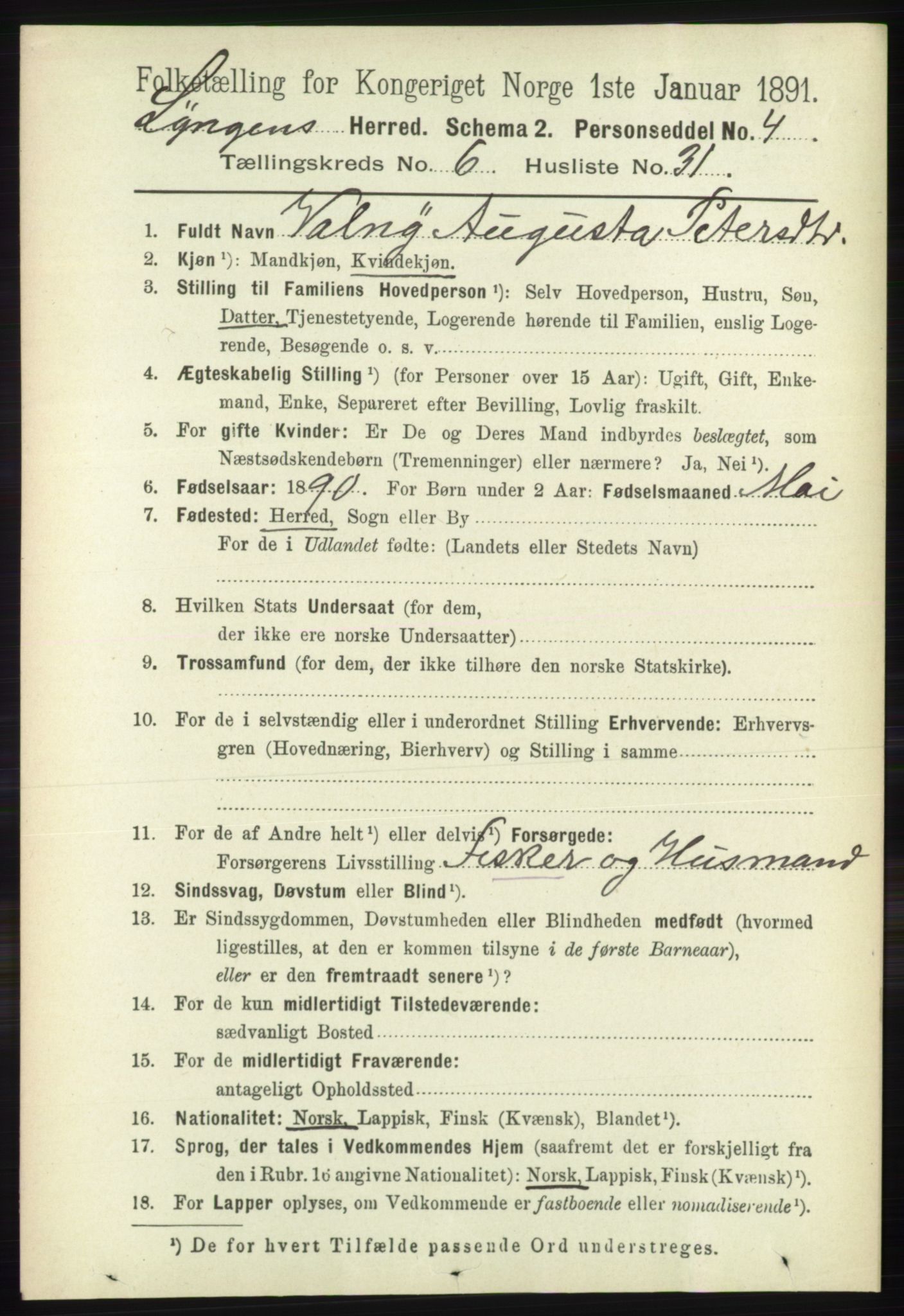 RA, 1891 census for 1938 Lyngen, 1891, p. 5473