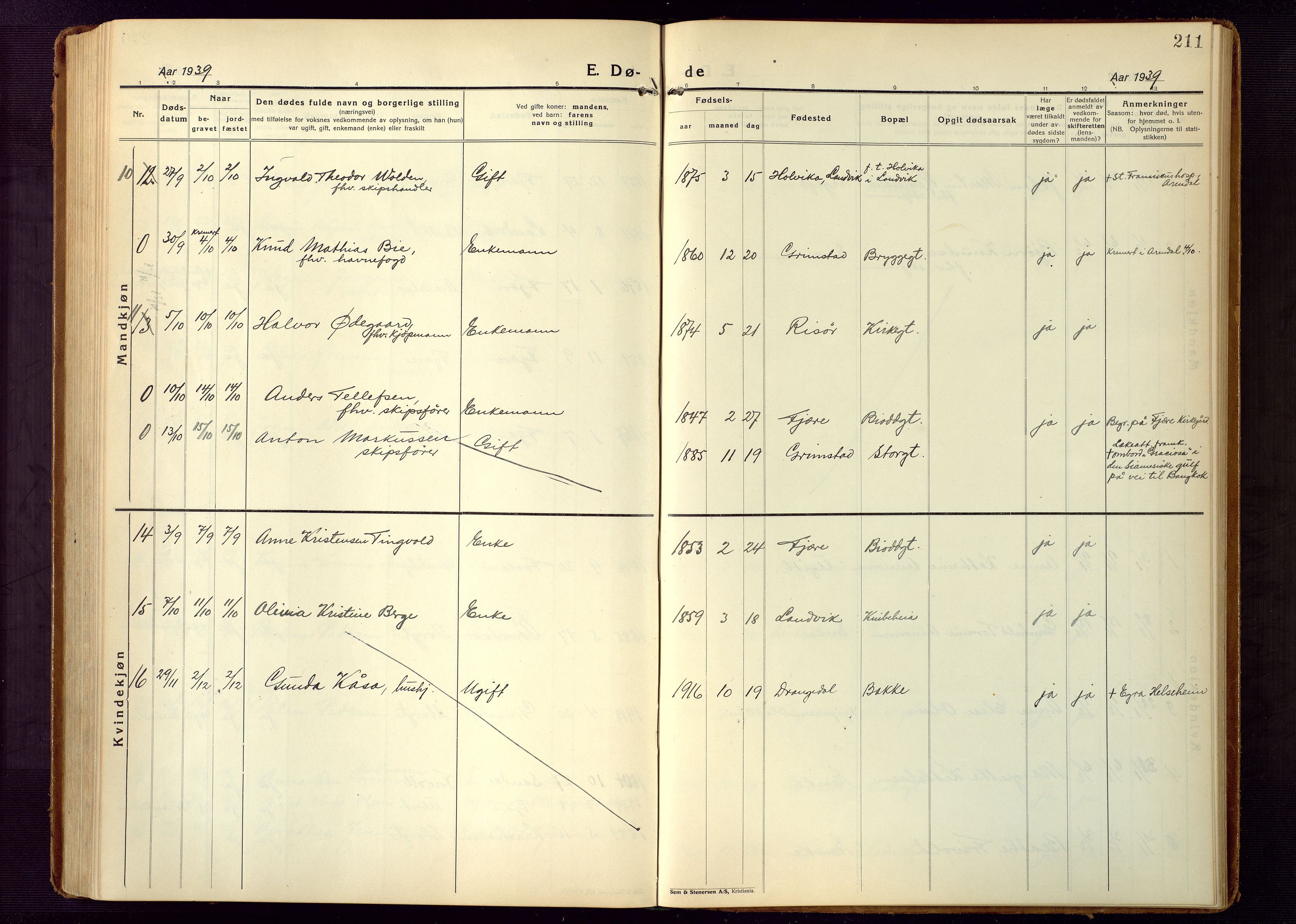 Grimstad sokneprestkontor, AV/SAK-1111-0017/F/Fb/L0002: Parish register (copy) no. B 2, 1923-1949, p. 211