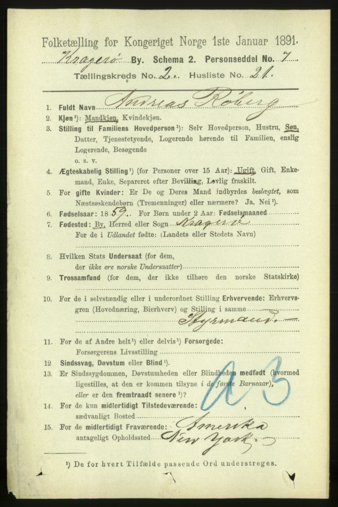 RA, 1891 census for 0801 Kragerø, 1891, p. 2658