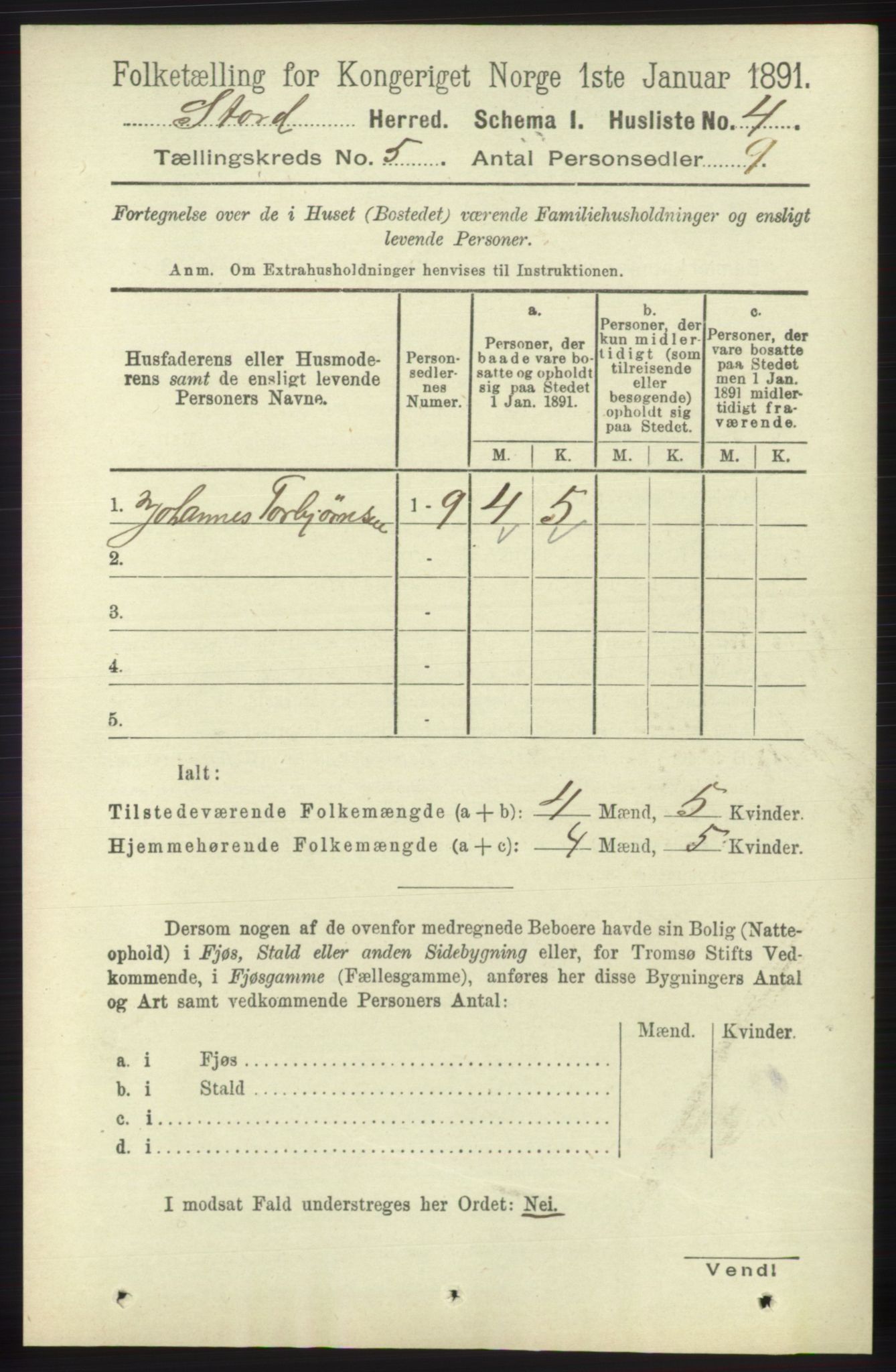 RA, 1891 census for 1221 Stord, 1891, p. 1585