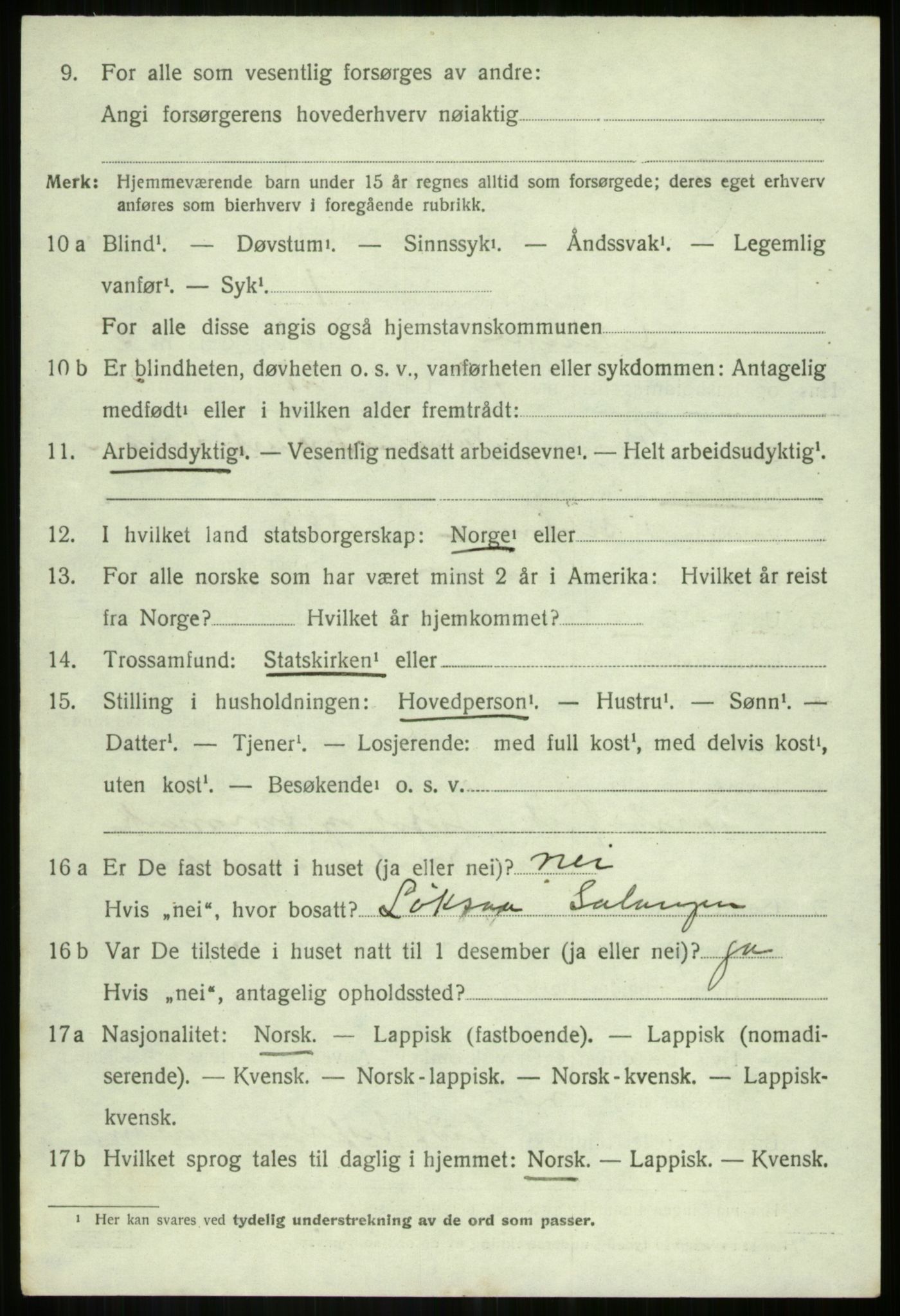 SATØ, 1920 census for Salangen, 1920, p. 4257