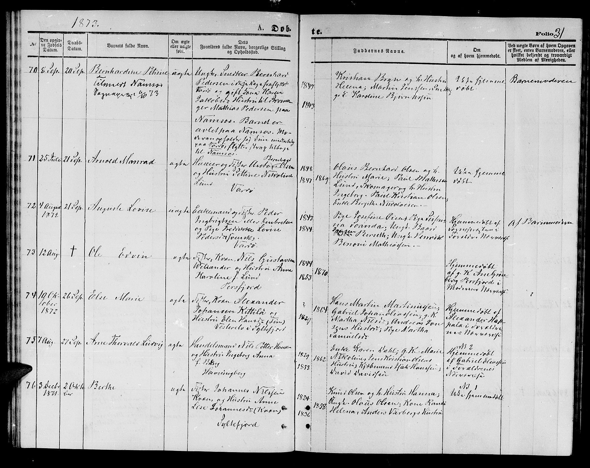 Vardø sokneprestkontor, AV/SATØ-S-1332/H/Hb/L0003klokker: Parish register (copy) no. 3, 1871-1878, p. 31