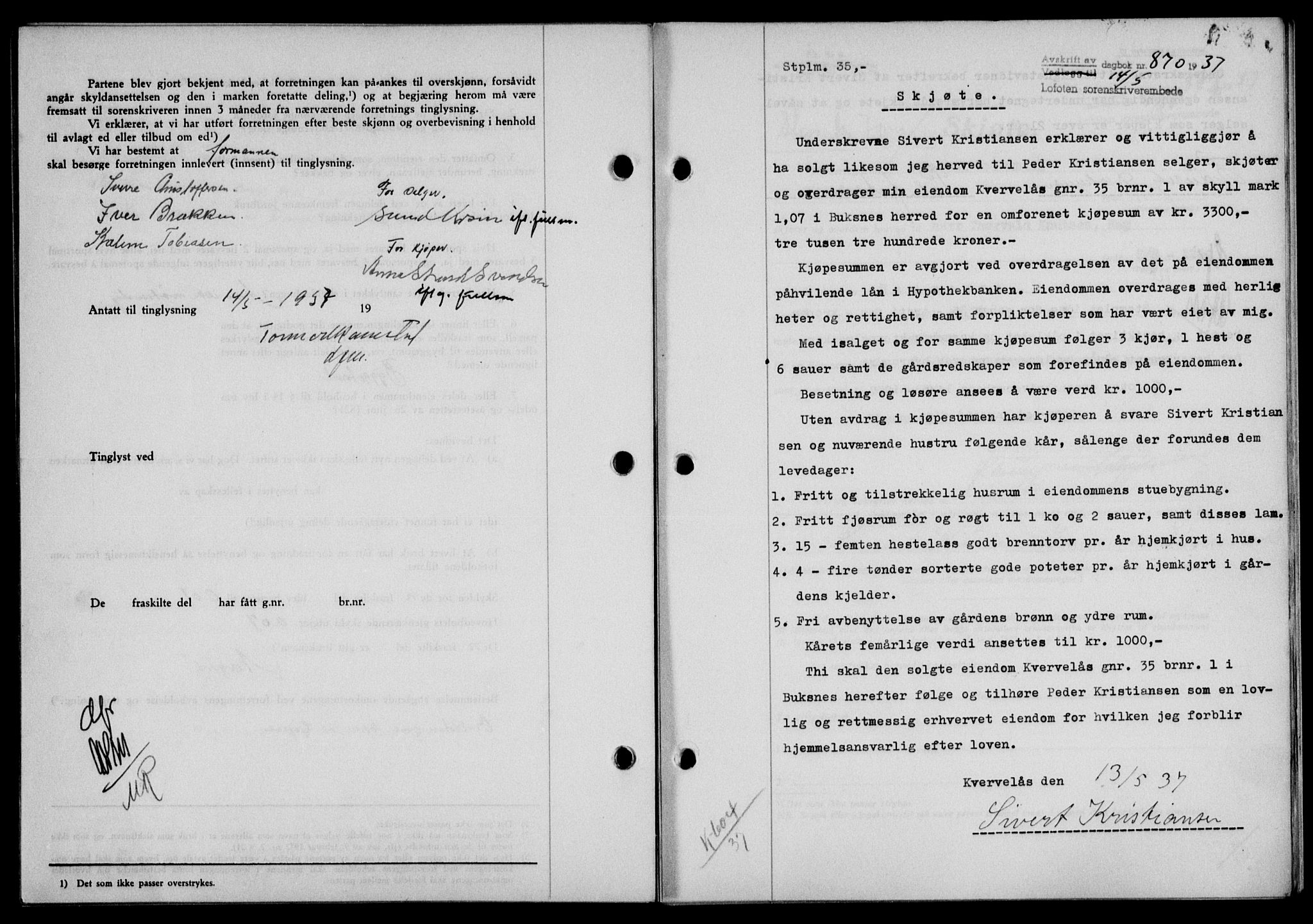 Lofoten sorenskriveri, SAT/A-0017/1/2/2C/L0002a: Mortgage book no. 2a, 1937-1937, Diary no: : 870/1937