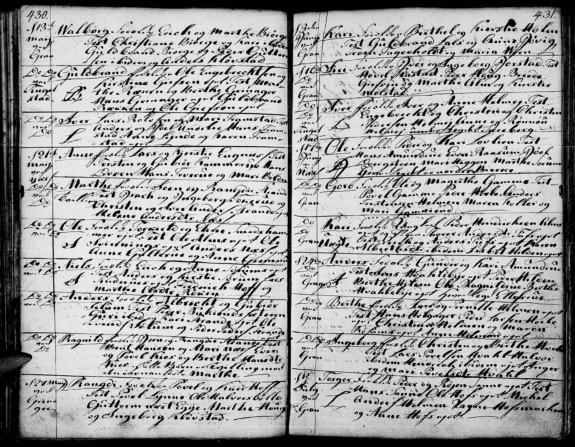 Gran prestekontor, SAH/PREST-112/H/Ha/Haa/L0006: Parish register (official) no. 6, 1787-1824, p. 430-431