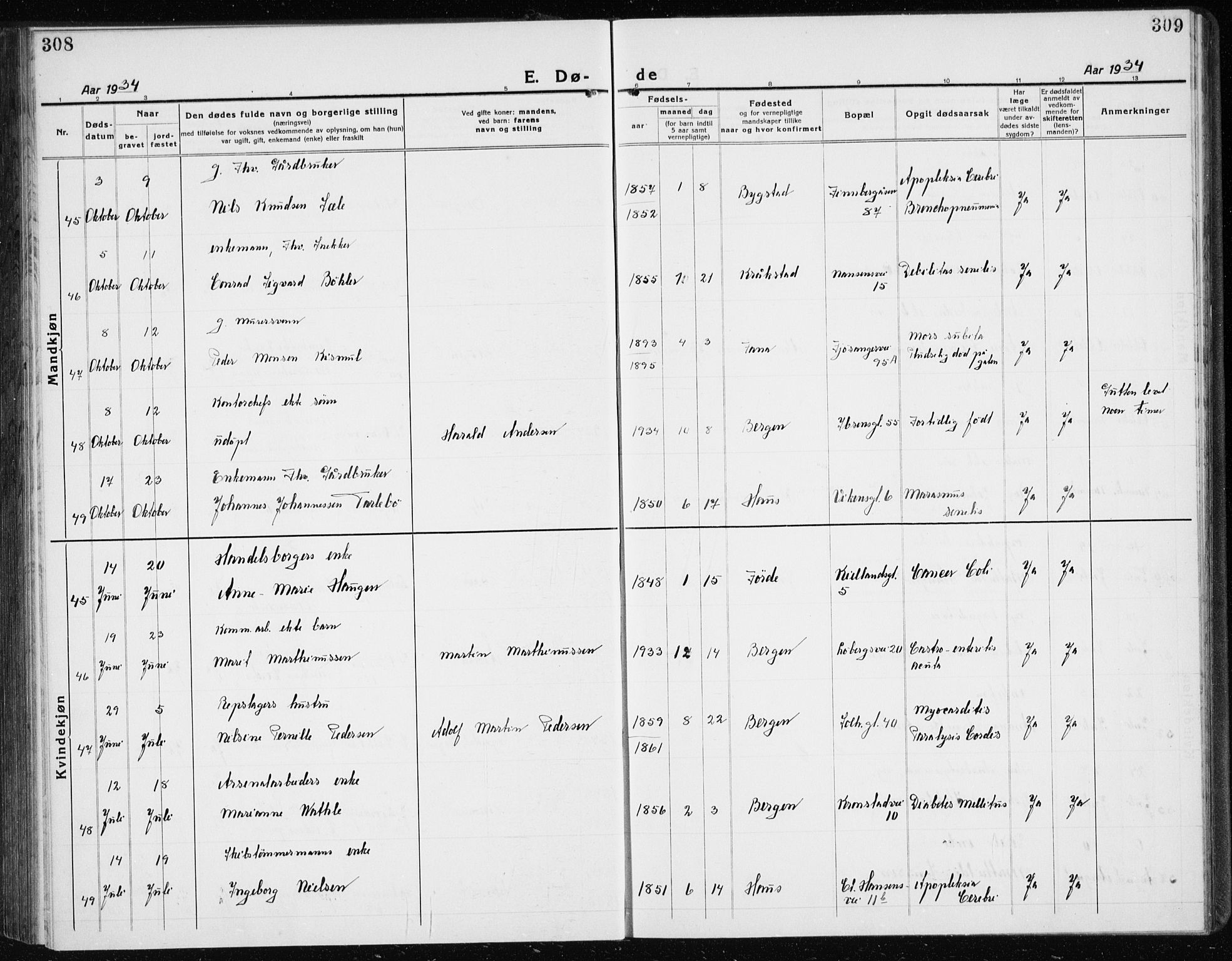 Årstad Sokneprestembete, AV/SAB-A-79301/H/Hab/L0025: Parish register (copy) no. D 2, 1922-1940, p. 308-309